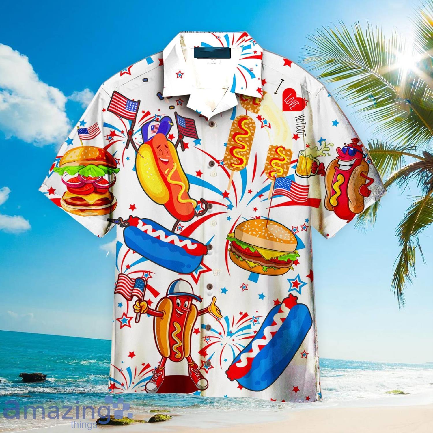 Funny American Hot Dog 4th Of July Outfit Independence Day White And Blue Patriotic Aloha Hawaiian Shirt Beach Gift Product Photo 1 Funny American Hot Dog 4th Of July Outfit Independence Day White And Blue Patriotic Aloha Hawaiian Shirt Beach Gift Product Photo 1