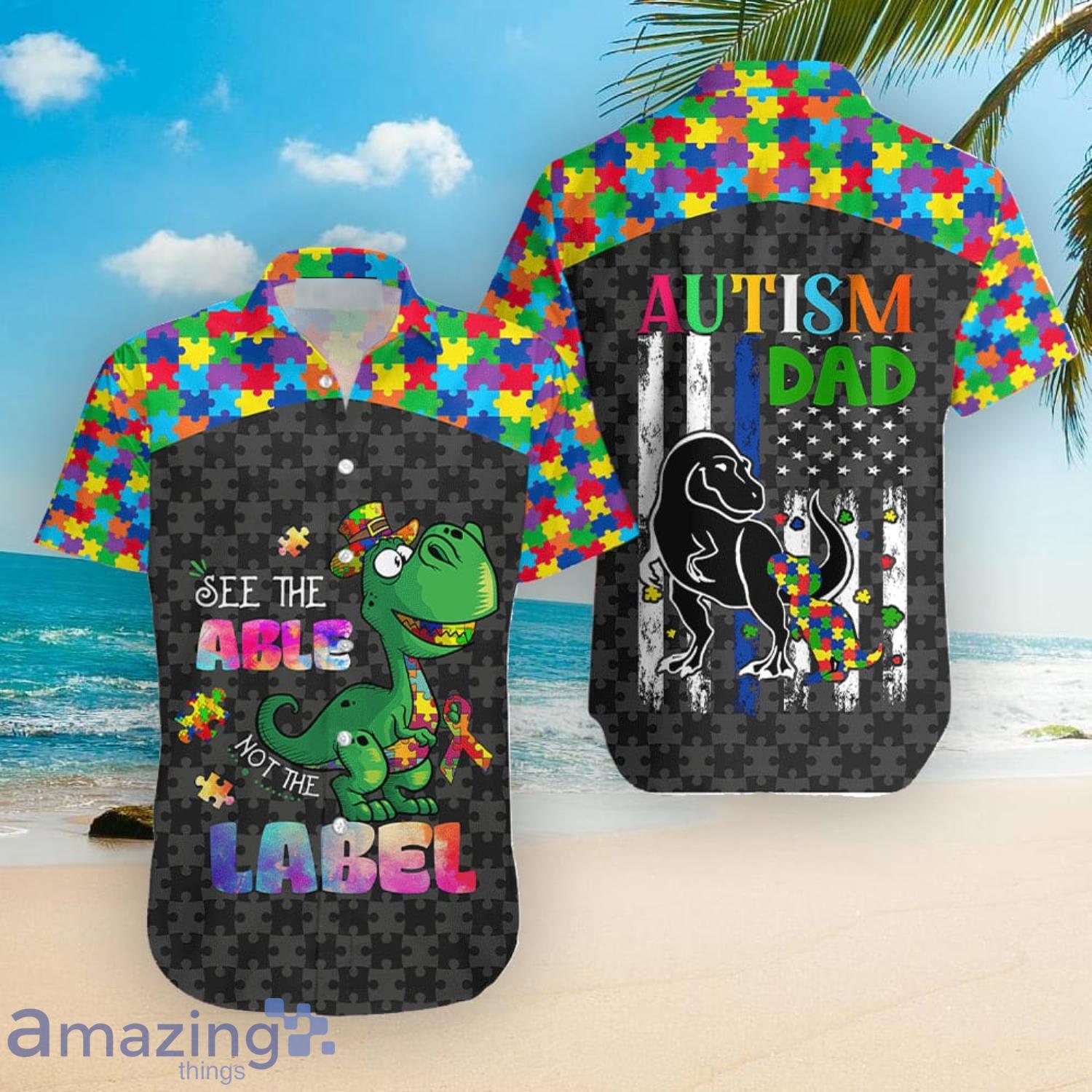 Funny Dinosaur Dad Autism Awareness Color Puzzle Aloha Hawaiian Shirt Gift For Father's Day Product Photo 1