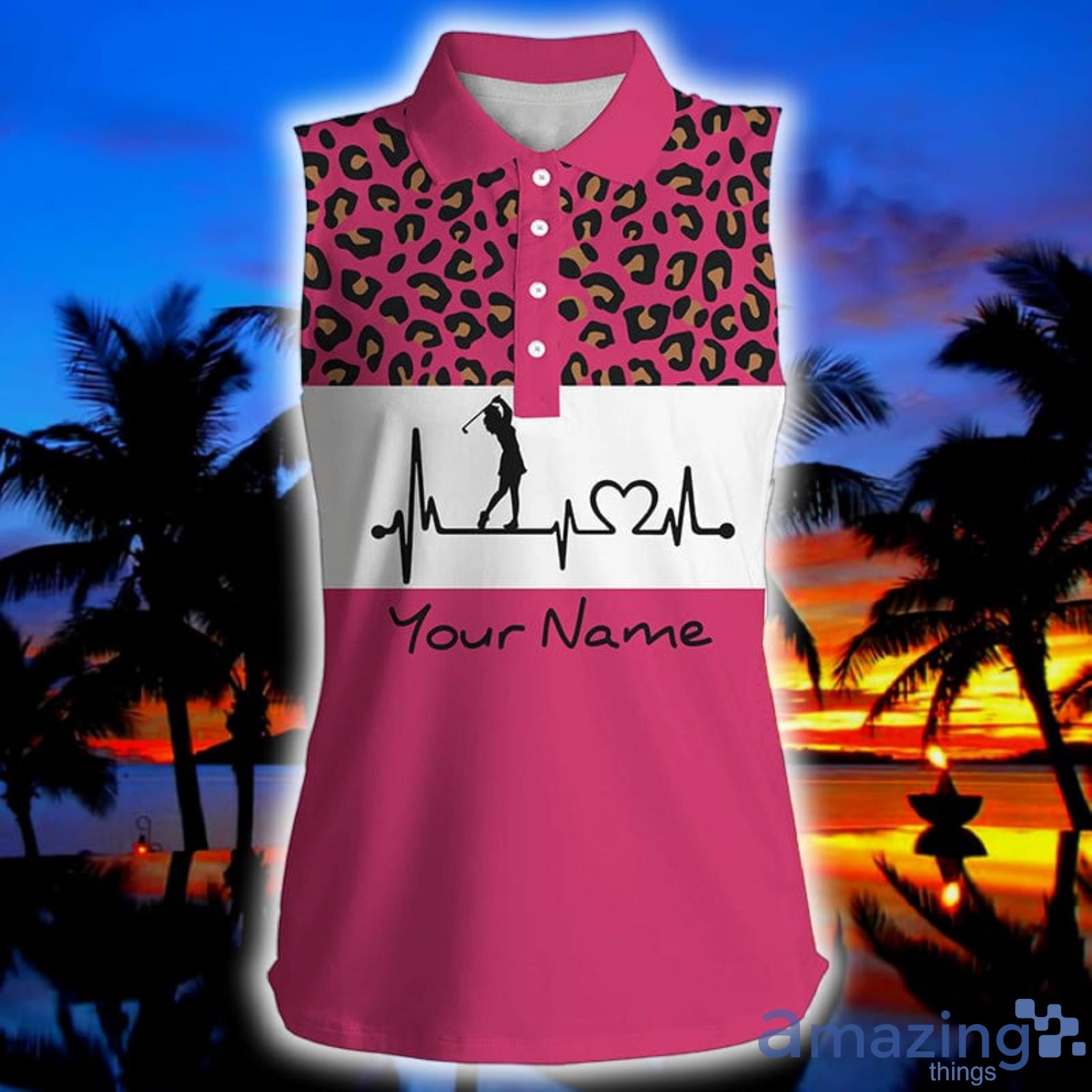  Golf Heartbeat Custom Name Leopard Golf Shirt Golfing Gifts For Women Womens Sleeveless Polo Shirt Product Photo 1