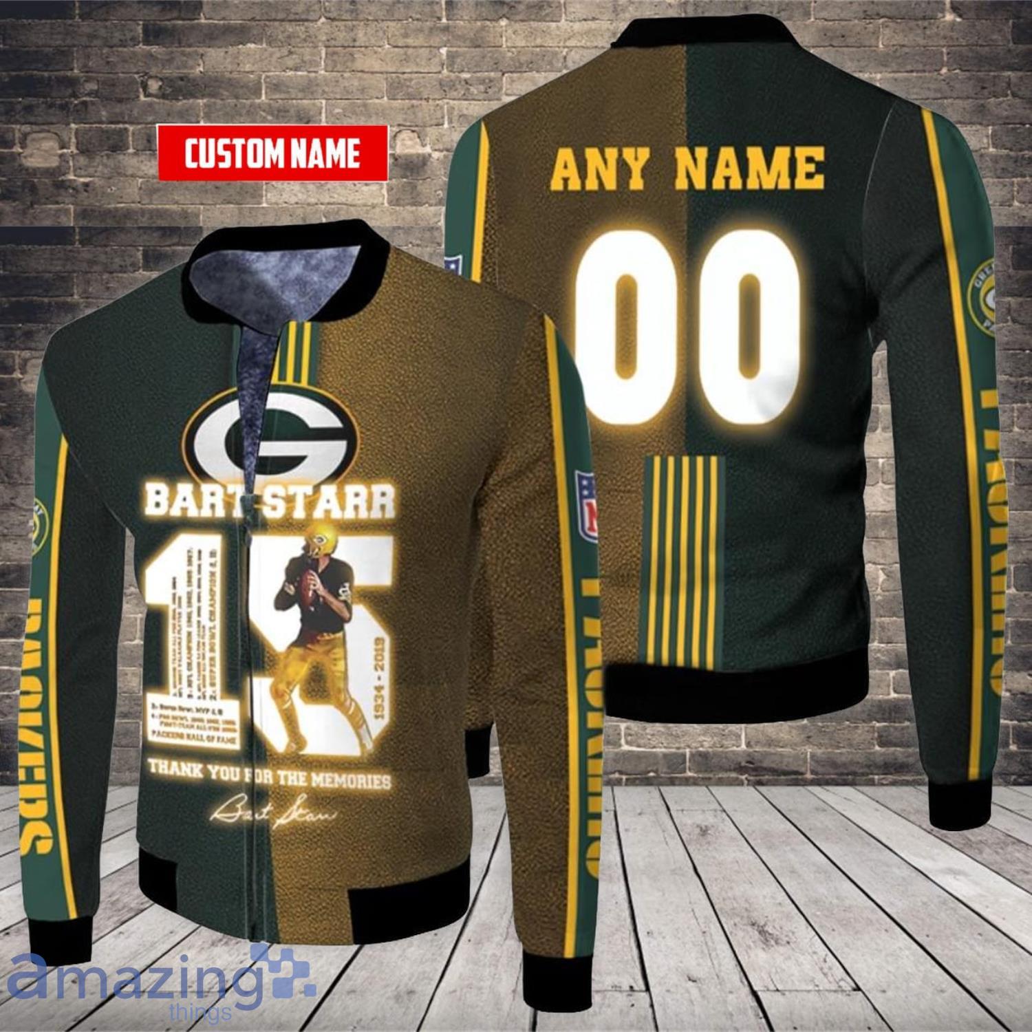 Green Bay Packers Bart Starr 15 Thank You For The Memories Signature NFL  Gift With Custom Name Number For Packers Fans All Over printed 3D Fleece  Bomber Jacket