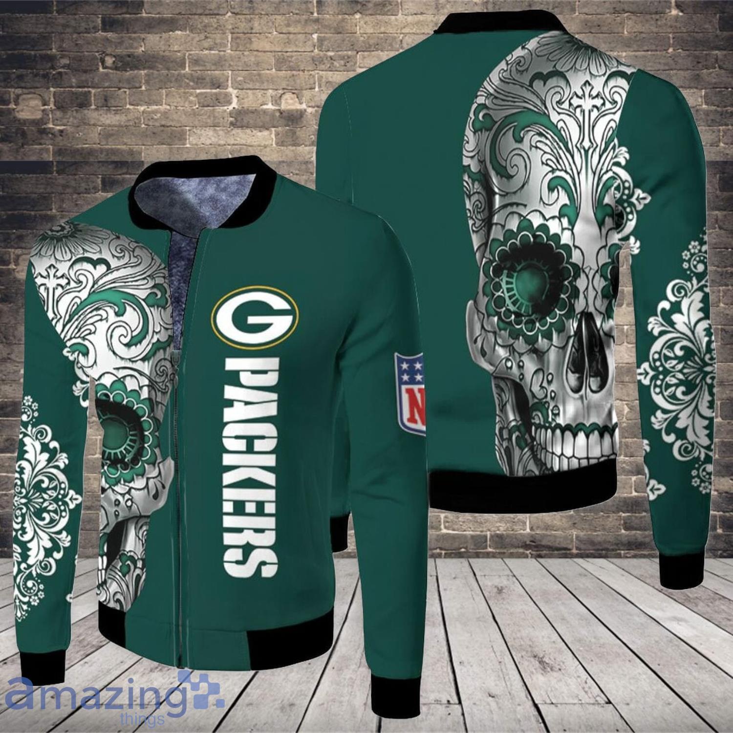 Green Bay Packers Nlf Fan Sugar Skull Fleece Bomber Jacket Product Photo 1 Green Bay Packers Nlf Fan Sugar Skull Fleece Bomber Jacket Product Photo 1