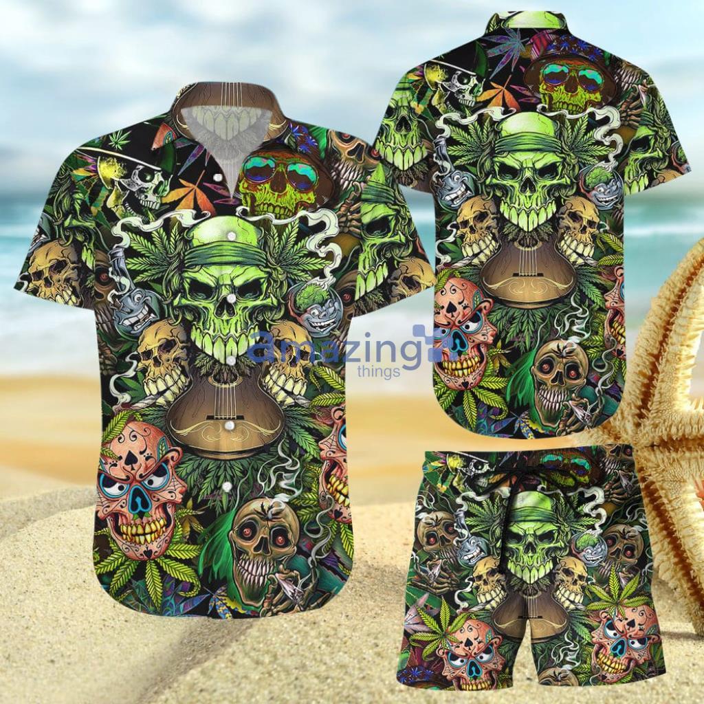 Green Forest Skull Smoking Trippy Weed Hawaiian Shirt And Short - Green Forest Skull Smoking Trippy Weed Hawaiian Shirt And Short