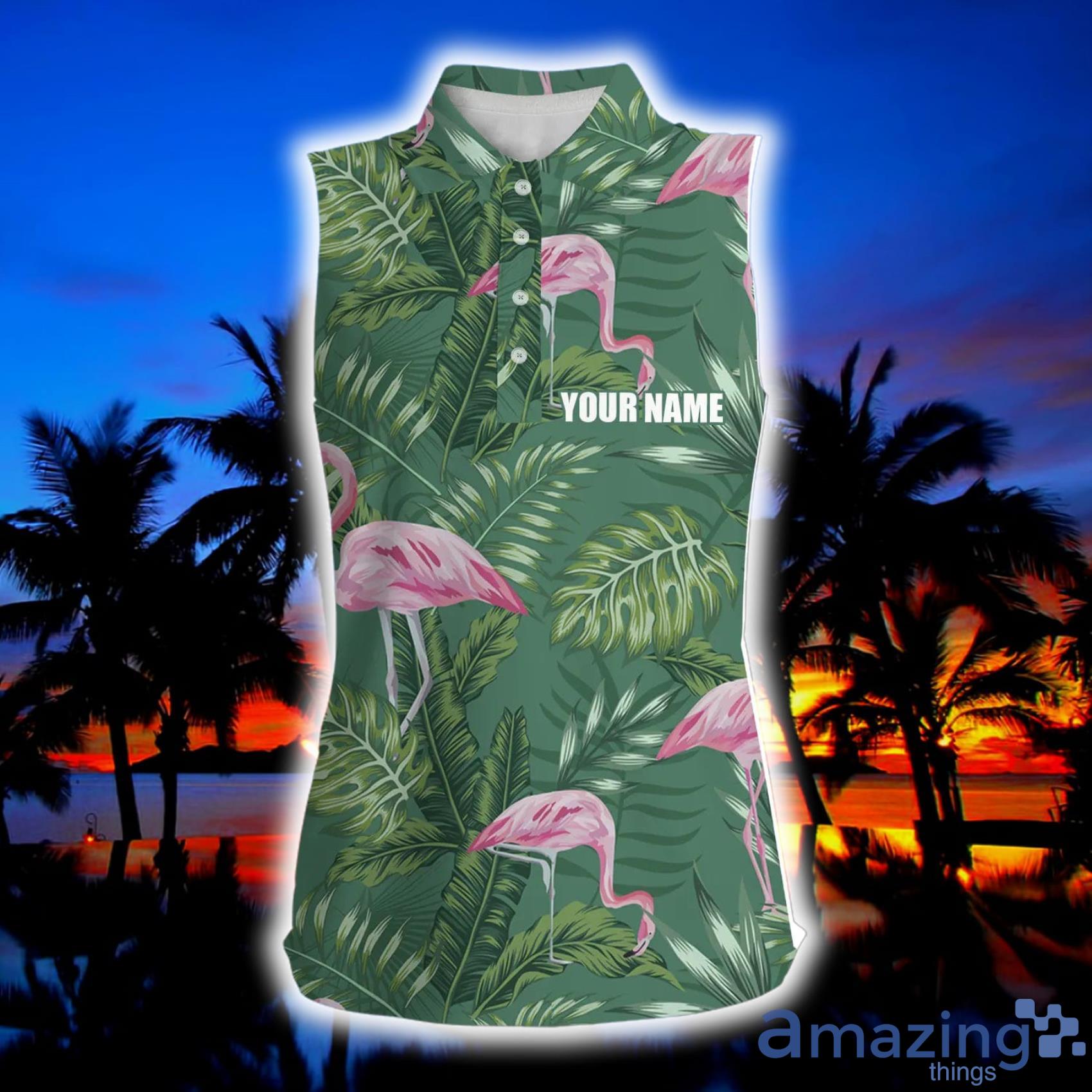 Green Tropical Plants Monstera Flamingo Golf Shirts Custom Name Women Golf Top Product Photo 1