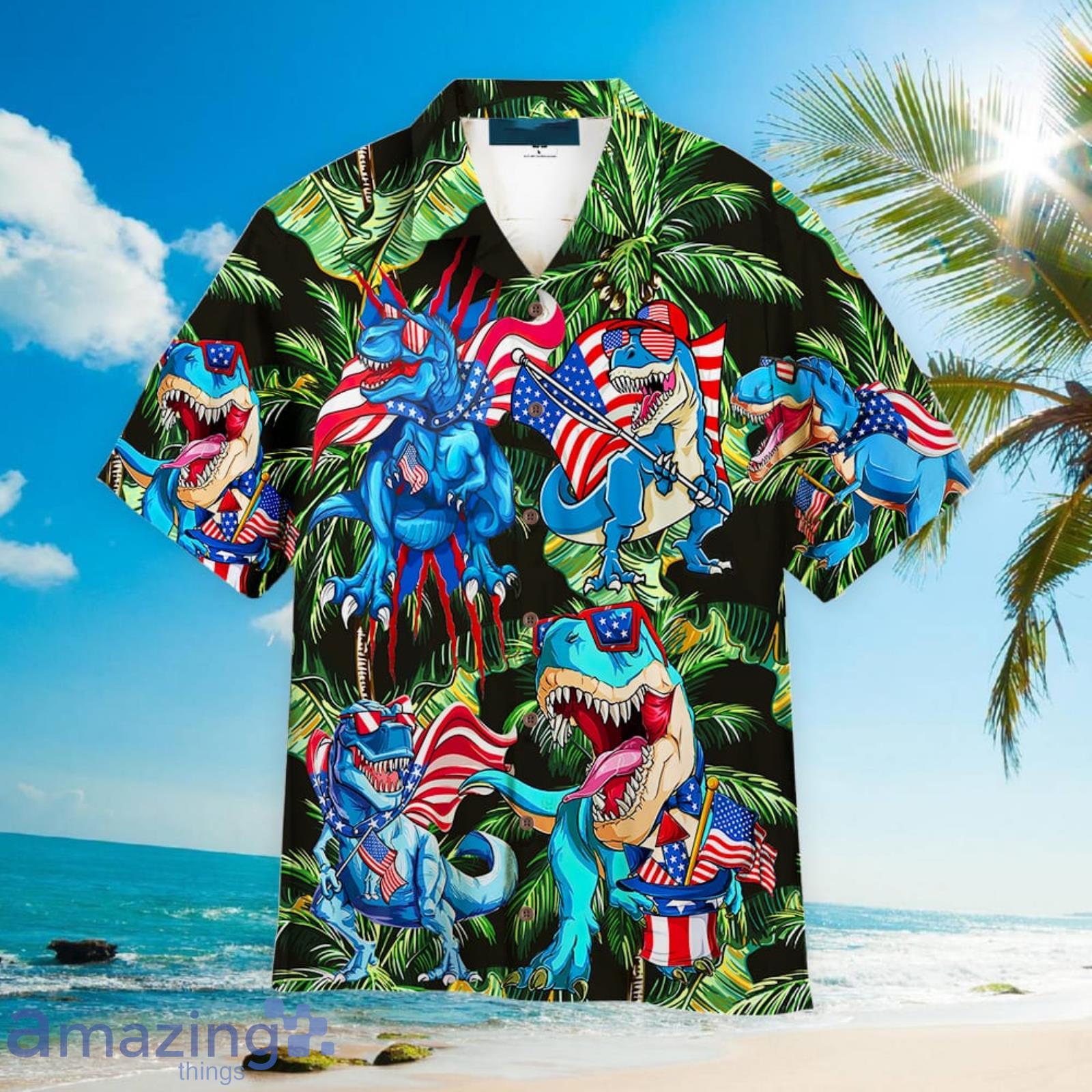 Happy 4th Of July Outfit Independence Day Dinosaurs Patriotic Aloha Hawaiian Shirt Beach Gift Product Photo 1