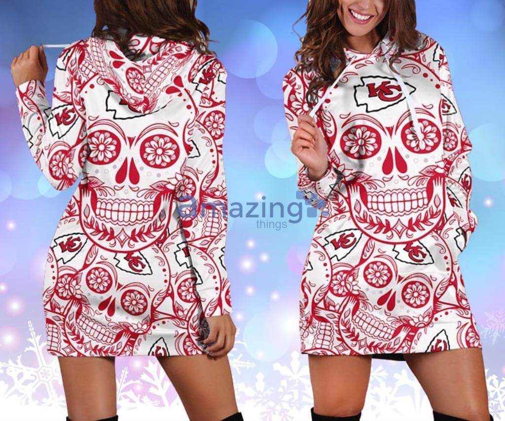 Kansas City Chiefs NFL Skull Flower Red Hoodie Dress 3D - Kansas City Chiefs NFL Skull Flower Red Hoodie Dress 3D