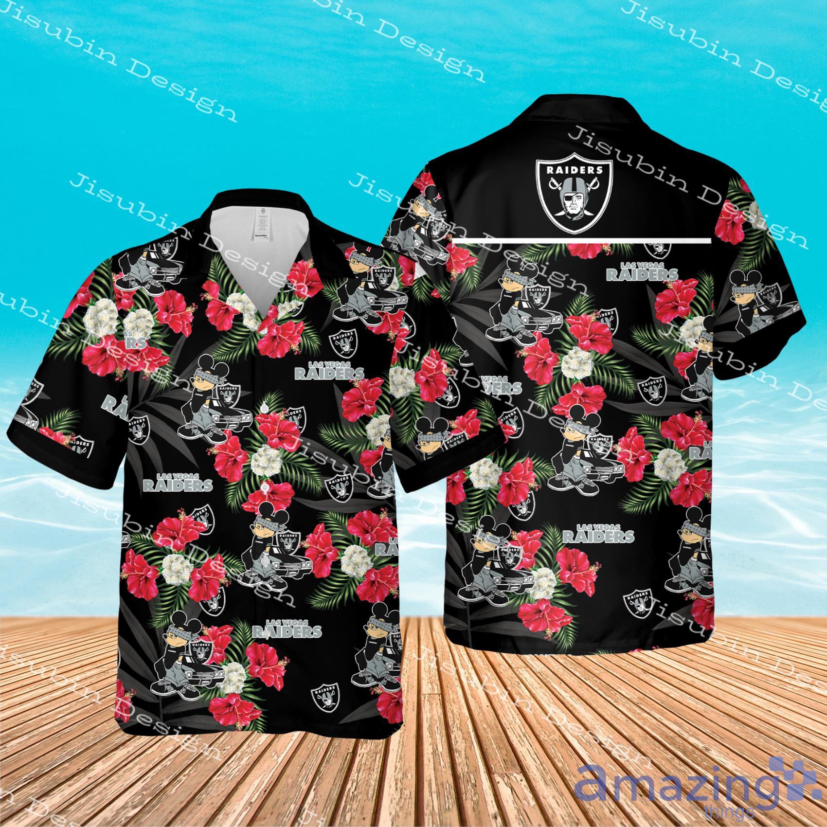 Las Vegas Raiders Gangster Mickey Mouse Red Flowers Tropical Hawaiian Shirt  And Beach Short