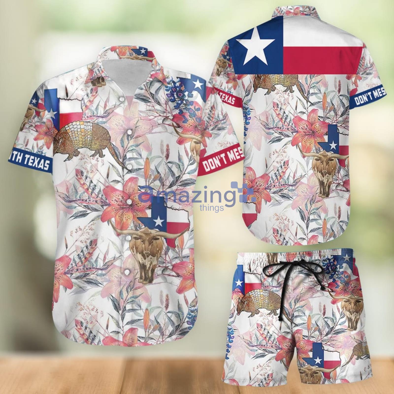 Longhorn Shirt - Texas Longhorn Bluebonnet And Armadillo Combo Hawaiian Shirt And Shorts Summer Set Holiday Gift Product Photo 1
