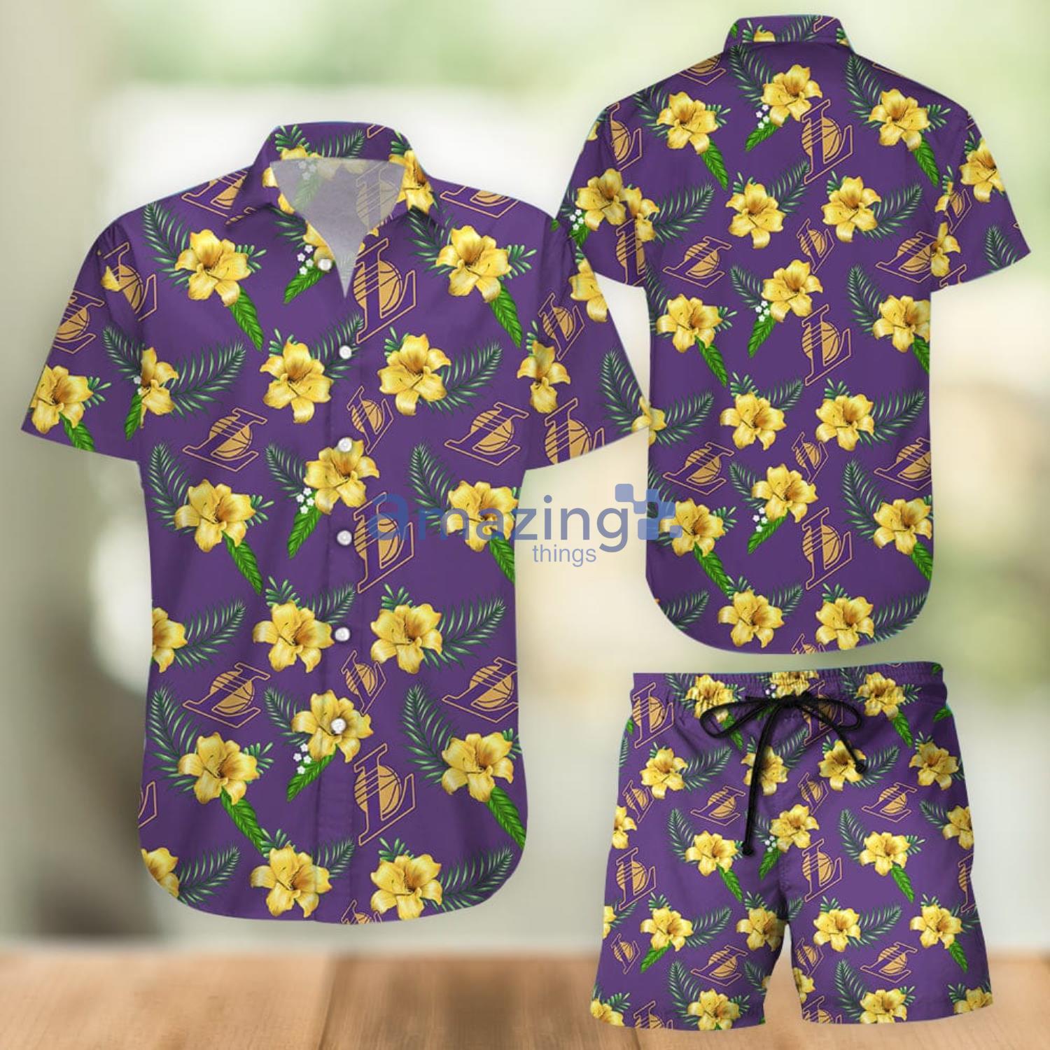 Los Angeles Lakers Hawaiian Shirt And Shorts Short Sleeve For Summer Product Photo 1