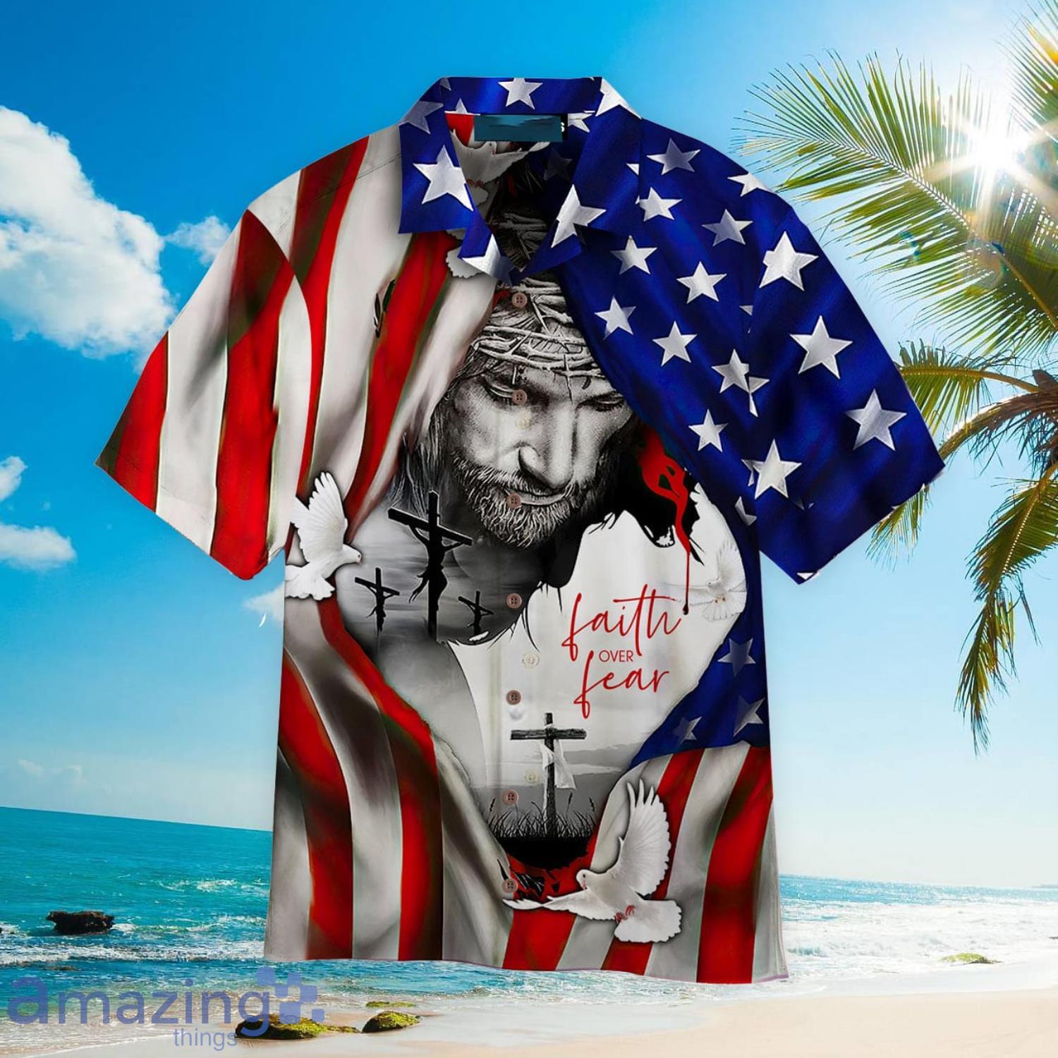 Love Faith Over Fear Jesus Under American Flag Aloha Summer Beach Gift Hawaiian Shirt Product Photo 1