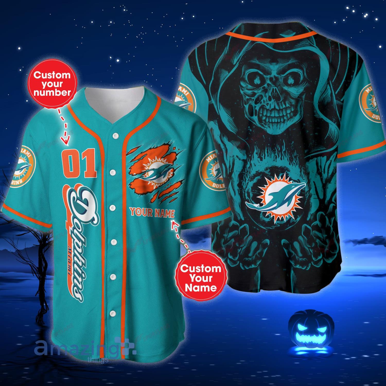 Miami Dolphins NFL Skull Print Custom Name And Number Baseball Jersey Shirt