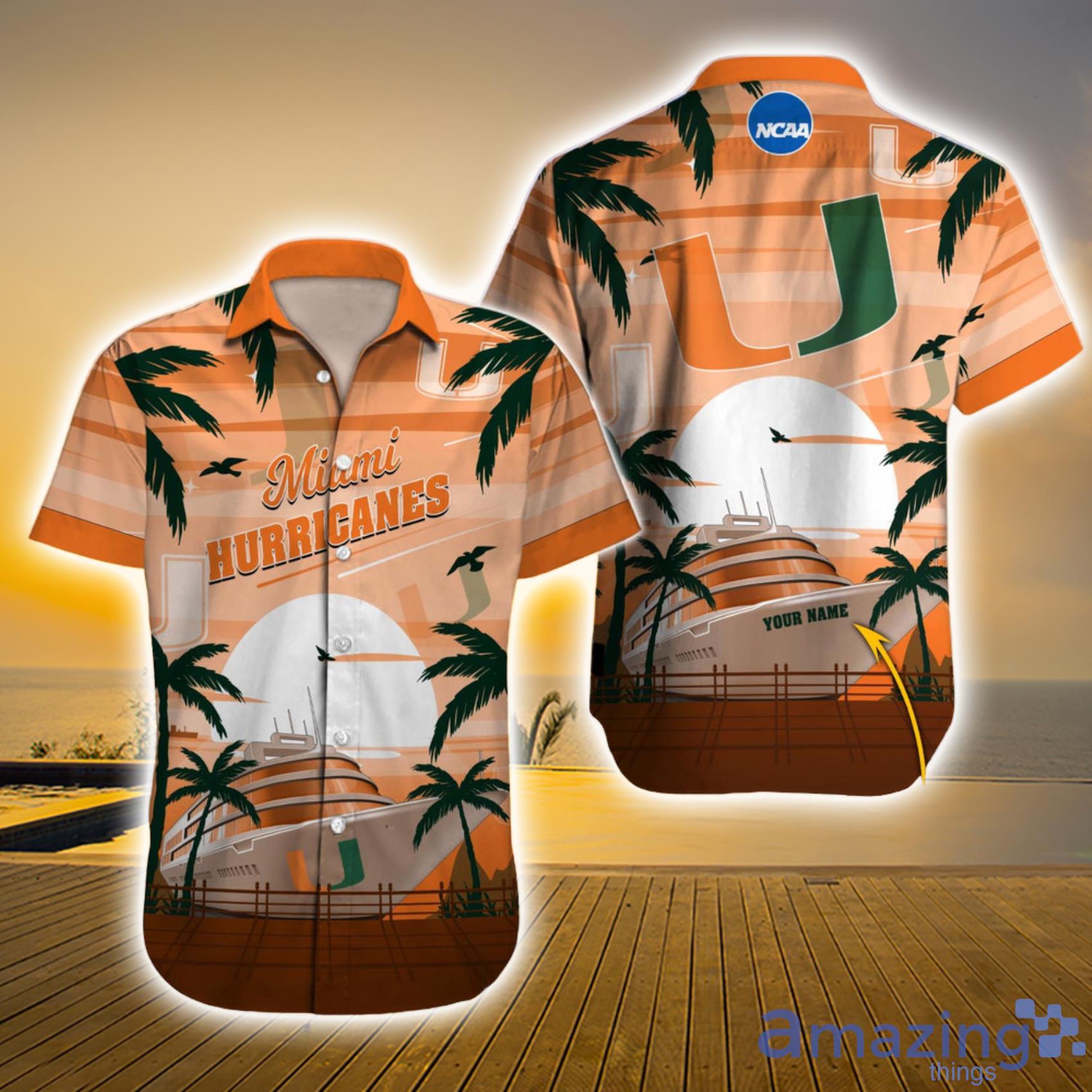 NCAA Miami Hurricanes Orange White Hawaiian Shirt Custom - T