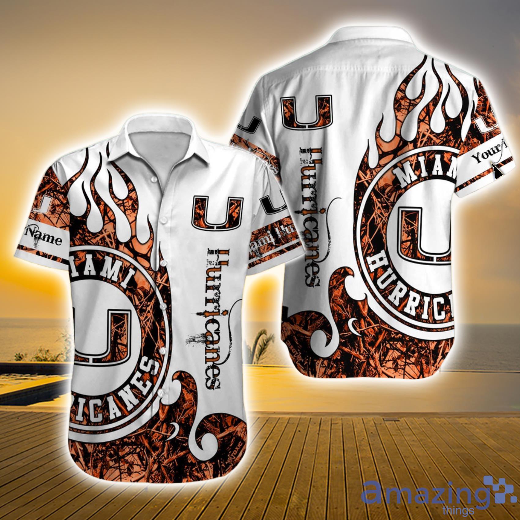 Miami Hurricanes NCAA Custom Name Fire Camo Style Short Sleeve Hawaiian Shirt Product Photo 1