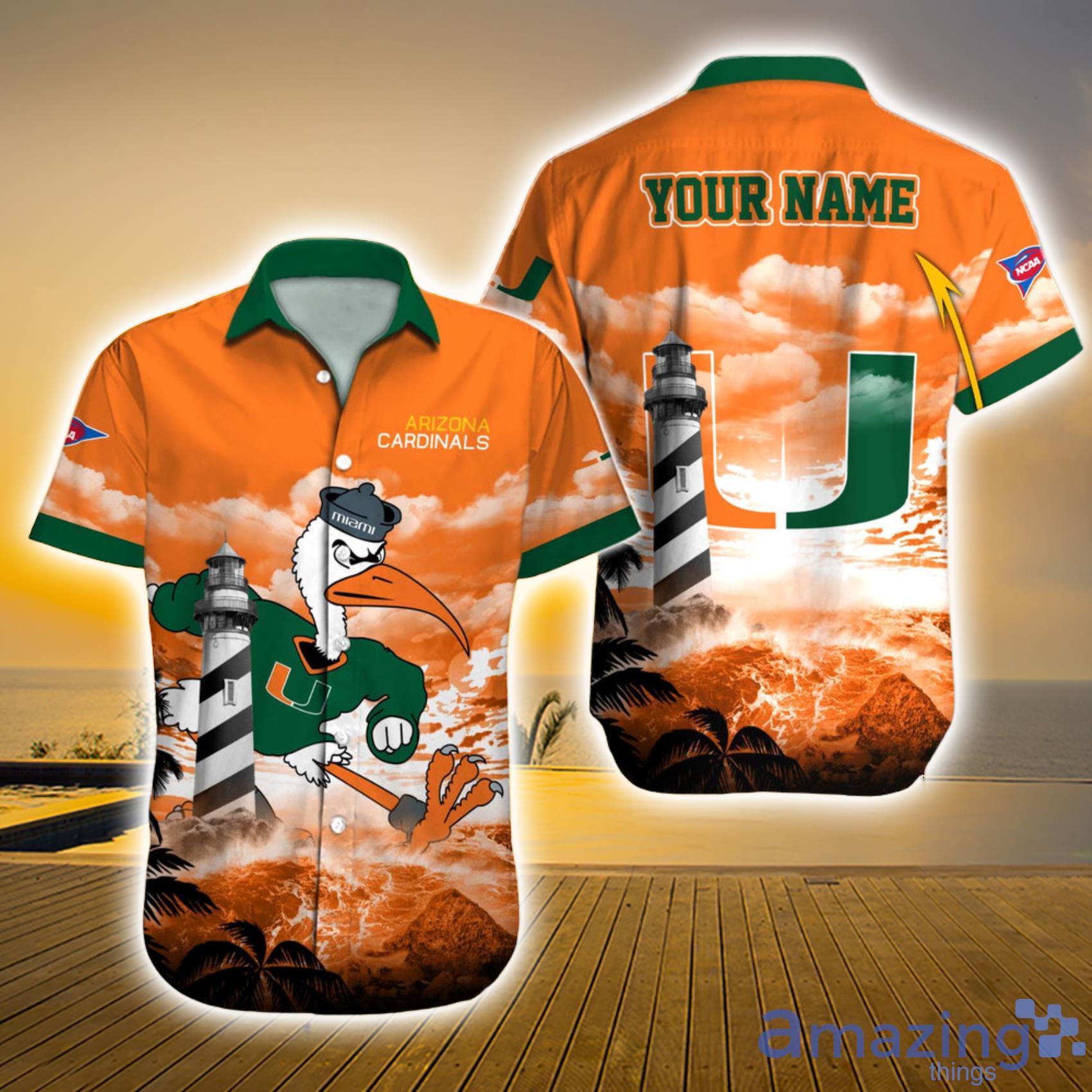 Miami Hurricanes NCAA Custom Name Mascot And Lighthouse Short Sleeve Hawaiian Shirt For Men And Women Product Photo 1