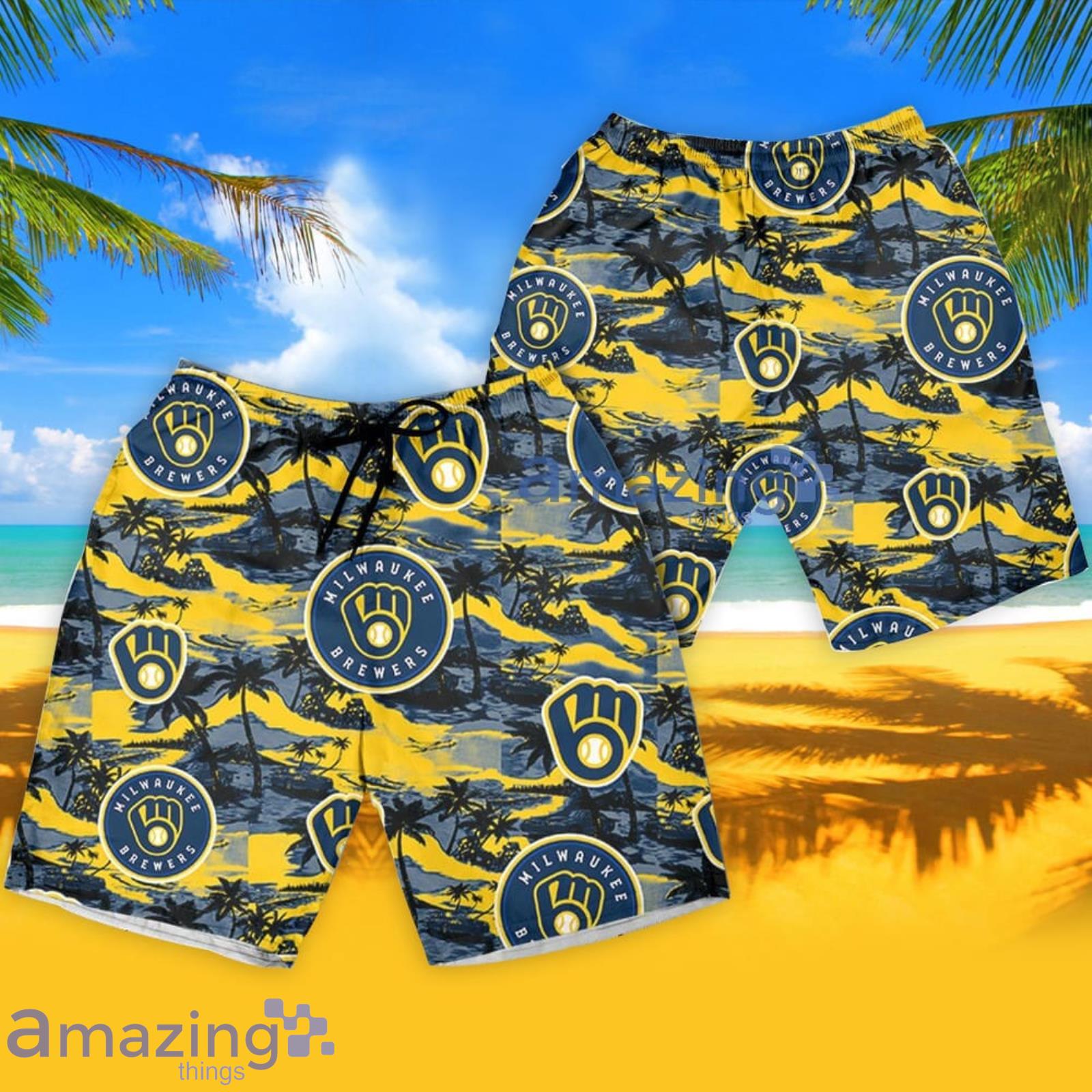 Milwaukee Brewers Vintage Sea Island Pattern Hawaiian Shirt And Shorts Gift  For Summer