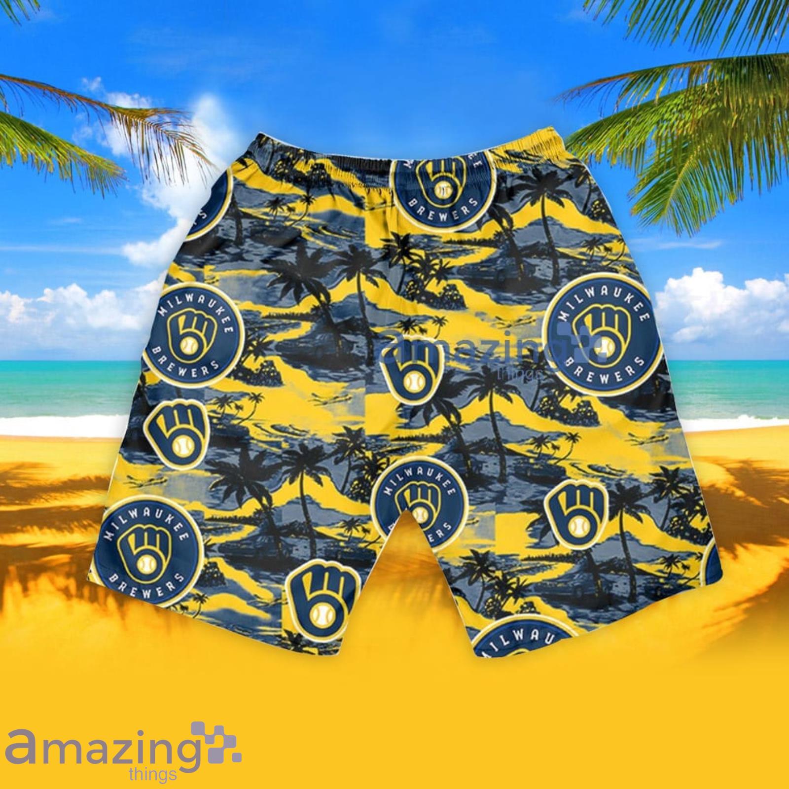 Milwaukee Brewers Vintage Sea Island Pattern Hawaiian Shirt And Shorts Gift  For Summer