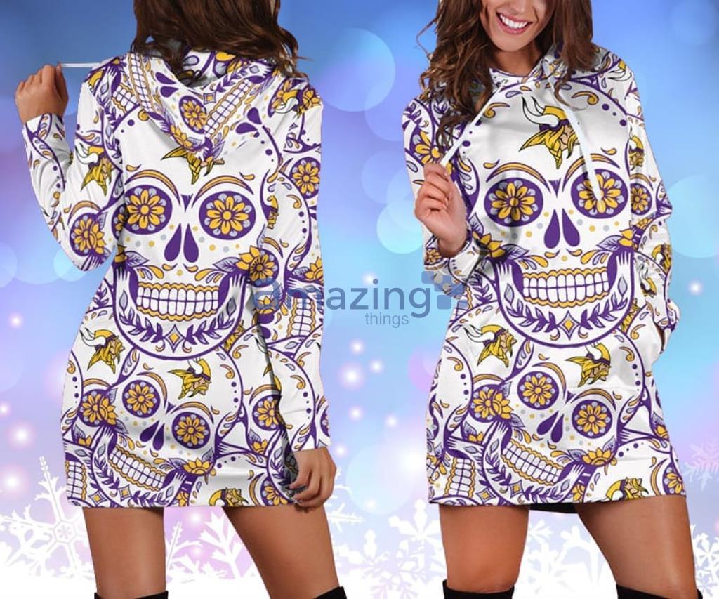 Minnesota Vikings NFL Skull Flower Violet Hoodie Dress 3D