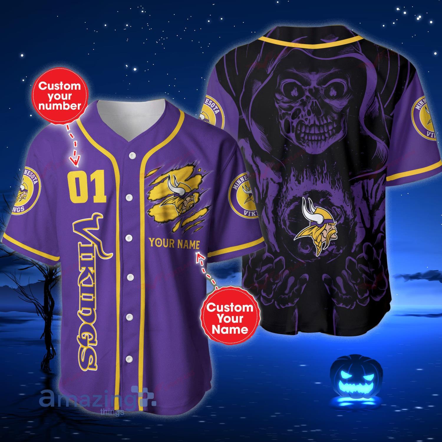 Minnesota Vikings Custom Number And Name NFL 3D Baseball Jersey Shirt Skull  For Fans Gift Halloween - Freedomdesign