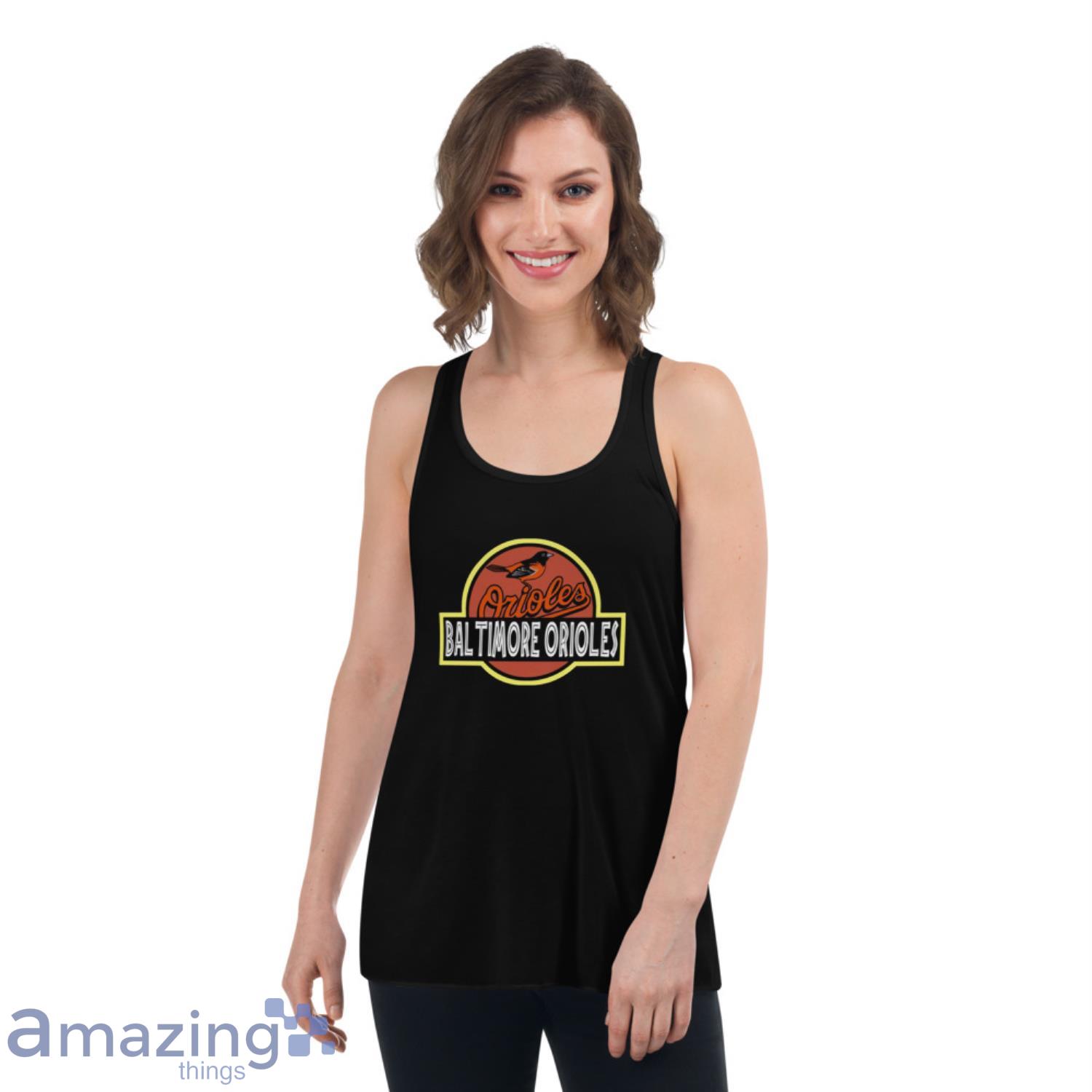 MLB Baltimore Orioles Jurassic Park Dinosaur Movie Baseball Sports T Shirt image MLB Baltimore Orioles Jurassic Park Dinosaur Movie Baseball Sports T Shirt - Womens Flowy Racerback Tank