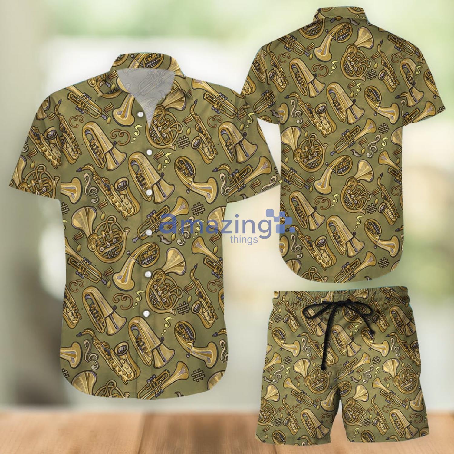 Musical Instrument Hawaiian Shirt And Shorts Saxophone Gold Pattern Print Hawaii Shirt Product Photo 1