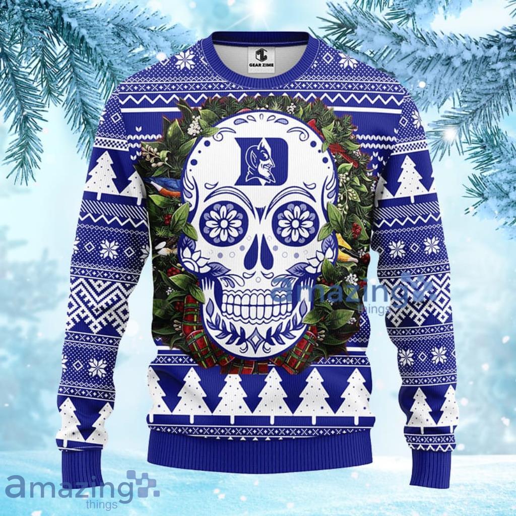NCAA Duke Blue Devils Skull Flower Ugly Christmas Ugly Sweater 3D - 1 NCAA Duke Blue Devils Skull Flower Ugly Christmas Ugly Sweater 3D - 1