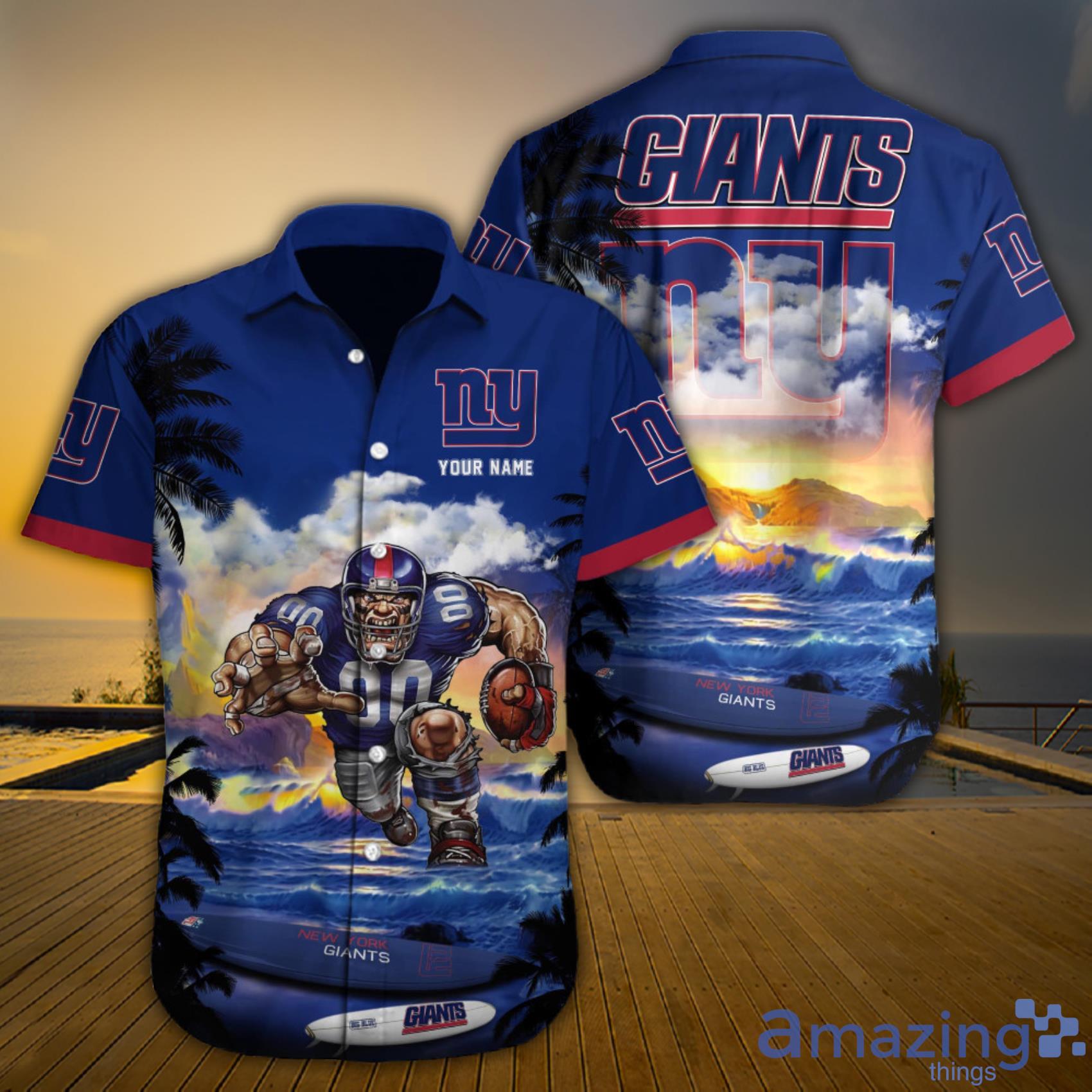 New York Giants NFL Custom Name Mascot Beach Sunset Beautiful Sky Aloha Hawaiian Shirt Gift For Fans Product Photo 1