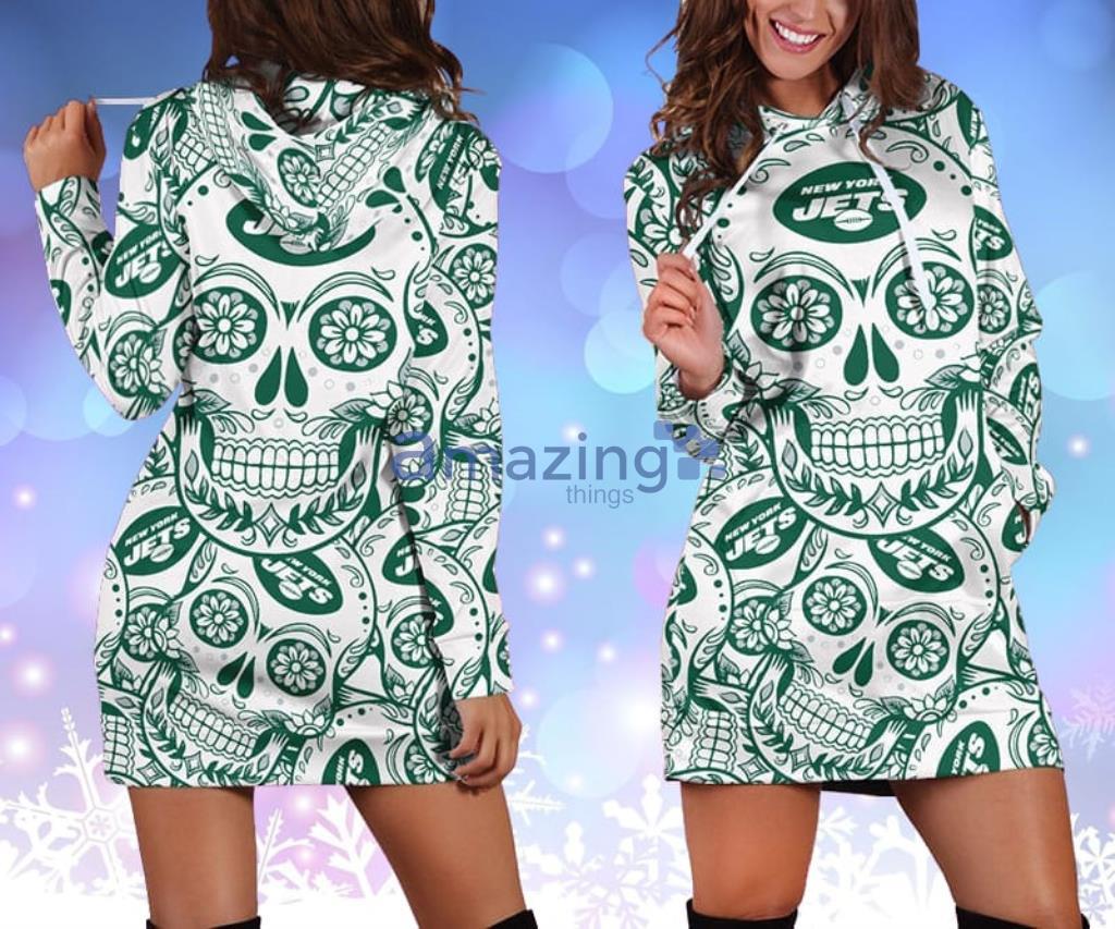 New York Jets NFL Skull Flower Green Hoodie Dress 3D - New York Jets NFL Skull Flower Green Hoodie Dress 3D