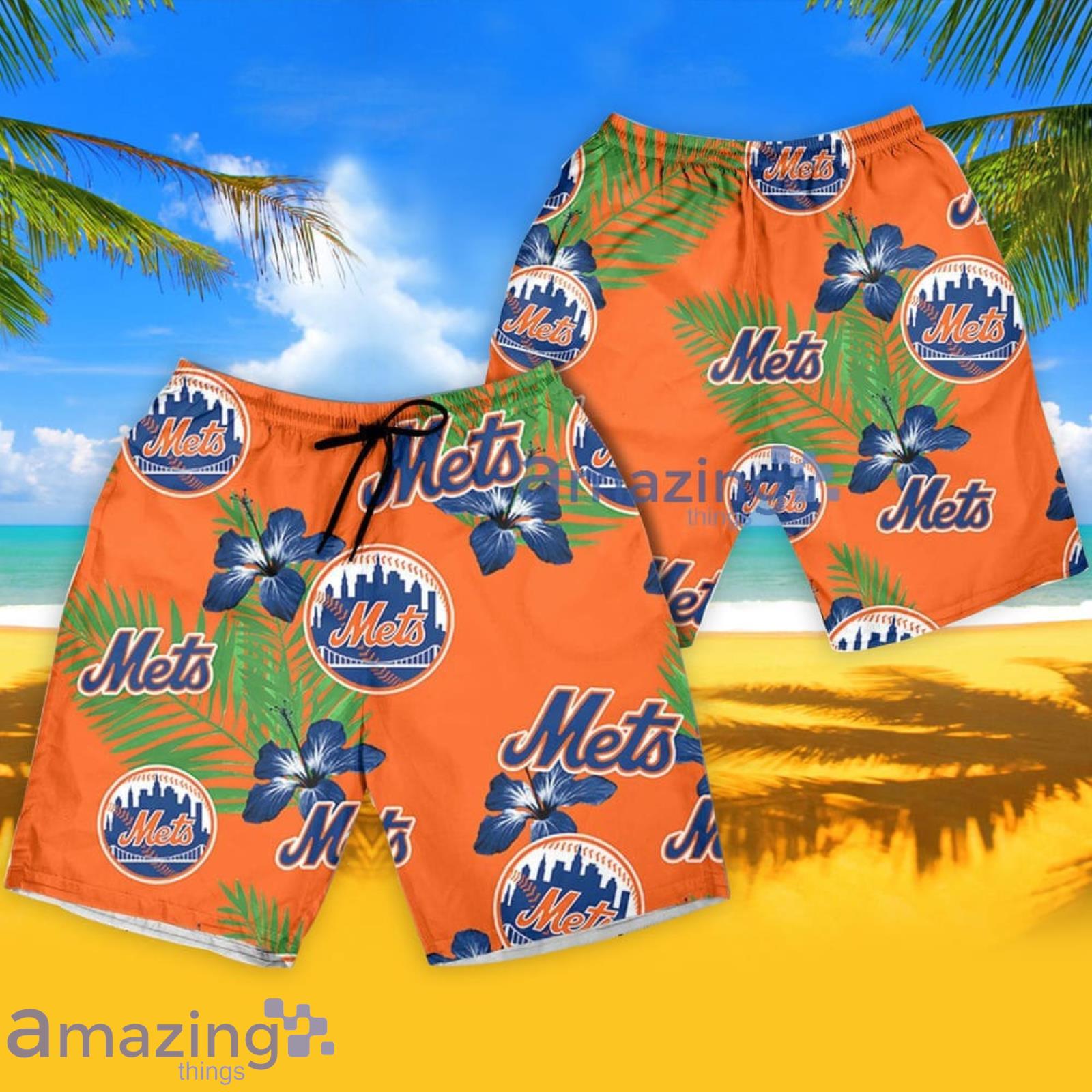 New York Mets Green Leaf Hibiscus Flower Pattern Hawaiian Shirt And Shorts  Gift For Summer