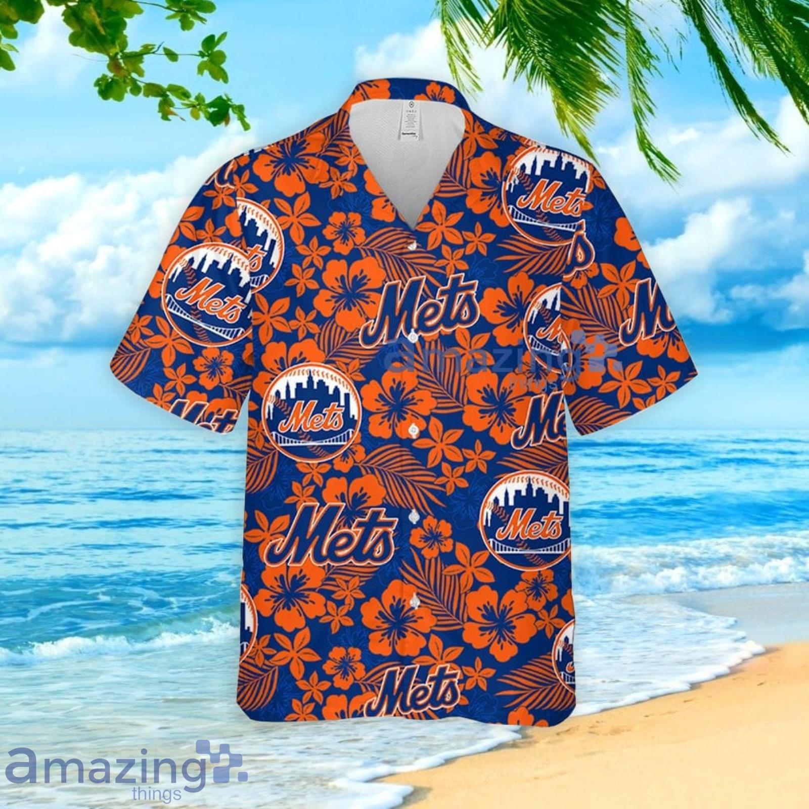 New York Mets Hibiscus Seamless Pattern Hawaiian Shirt And Shorts Summer Gift For Amazin' Mets Fans image New York Mets Hibiscus Seamless Pattern Hawaiian Shirt And Shorts Summer Gift For Amazin Mets Fans Product Photo 2