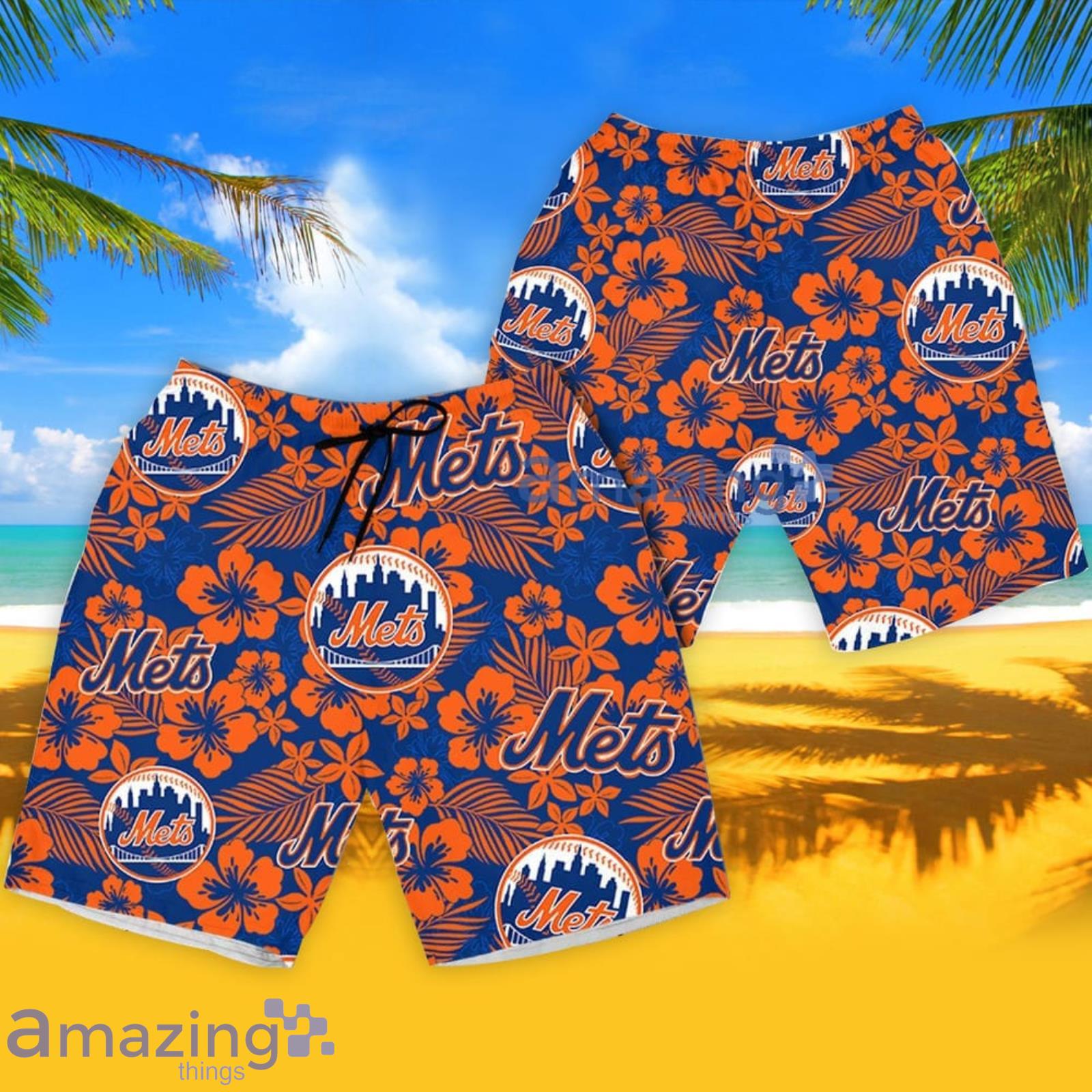 New York Mets Hibiscus Seamless Pattern Hawaiian Shirt And Shorts Summer Gift For Amazin' Mets Fans image New York Mets Hibiscus Seamless Pattern Hawaiian Shirt And Shorts Summer Gift For Amazin