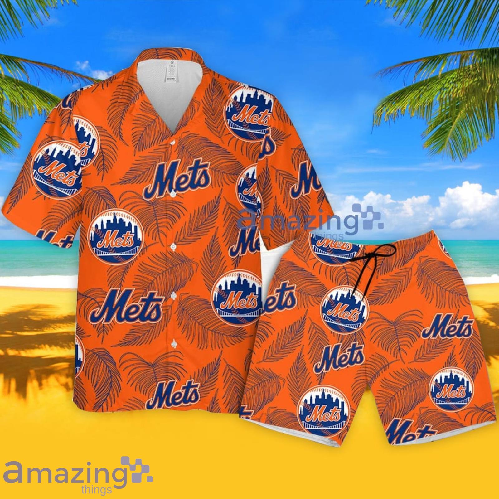 New York Mets Sketch Palm Leaves Seamless Pattern Hawaiian Shirt And Shorts Summer Gift For Amazin' Mets Fans Product Photo 1