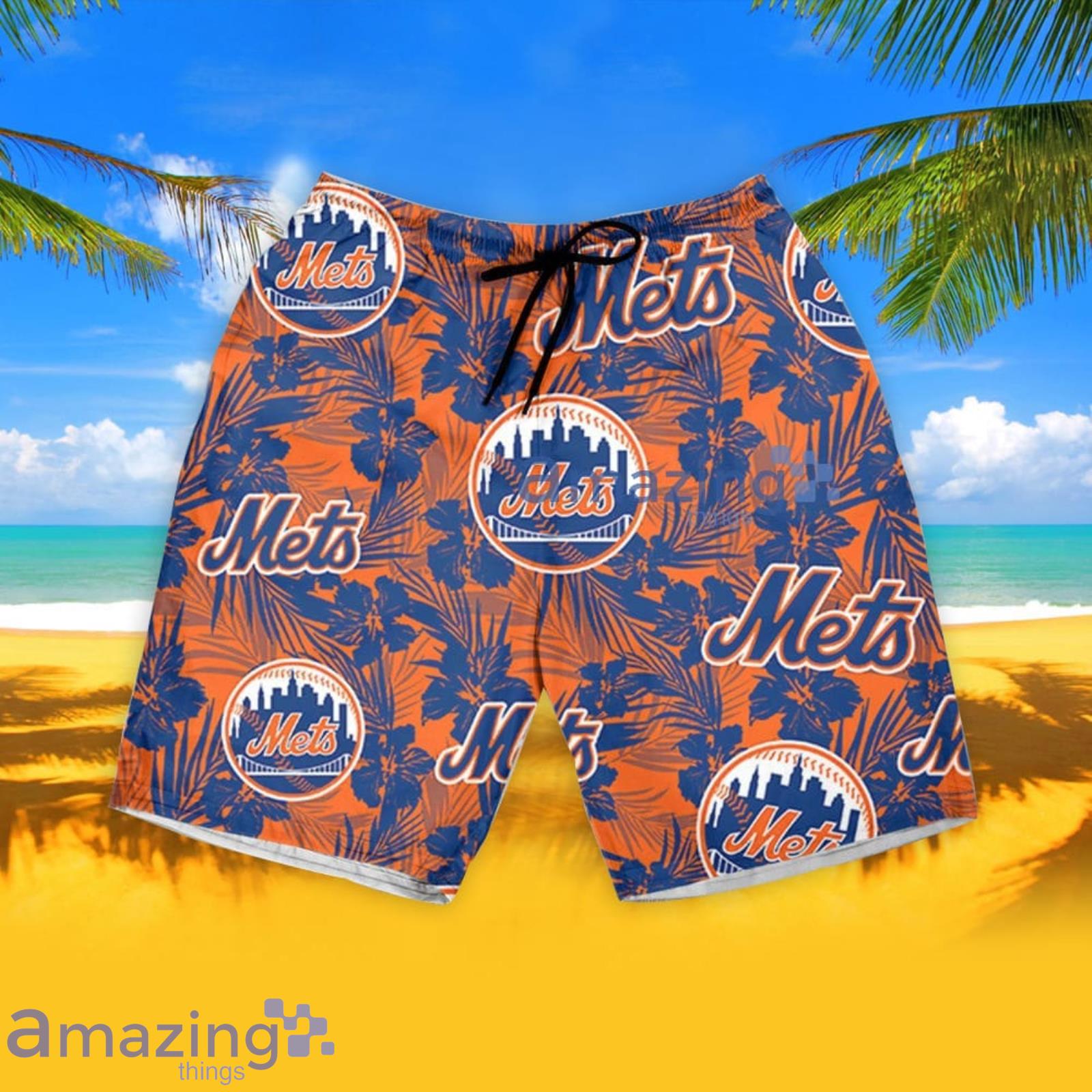 New York Mets Green Leaf Hibiscus Flower Pattern Hawaiian Shirt And Shorts  Gift For Summer