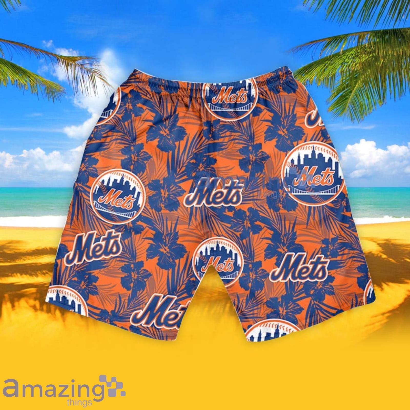 New York Mets Green Leaf Hibiscus Flower Pattern Hawaiian Shirt And Shorts  Gift For Summer