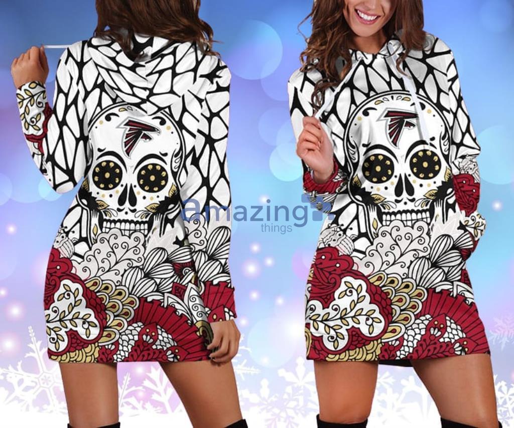 NFL Atlanta Falcons Skull Flower White Red Hoodie Dress 3D