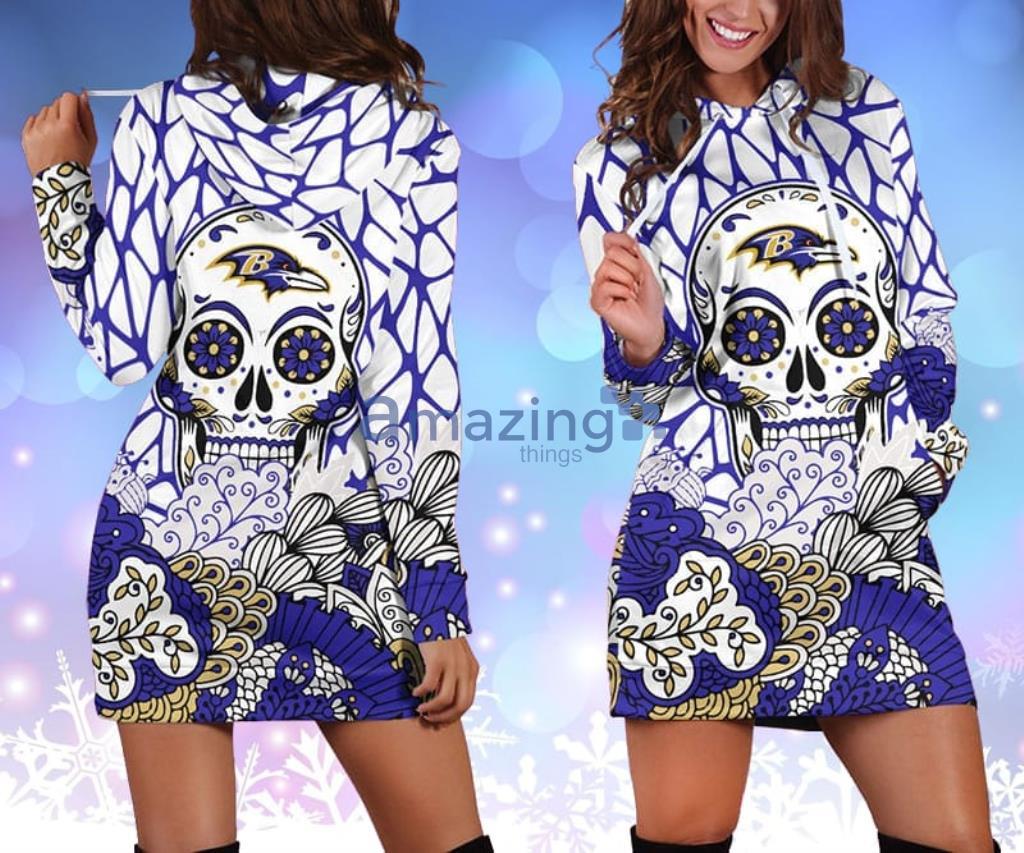 NFL Baltimore Ravens Skull Flower Blue Hoodie Dress 3D - NFL Baltimore Ravens Skull Flower Blue Hoodie Dress 3D