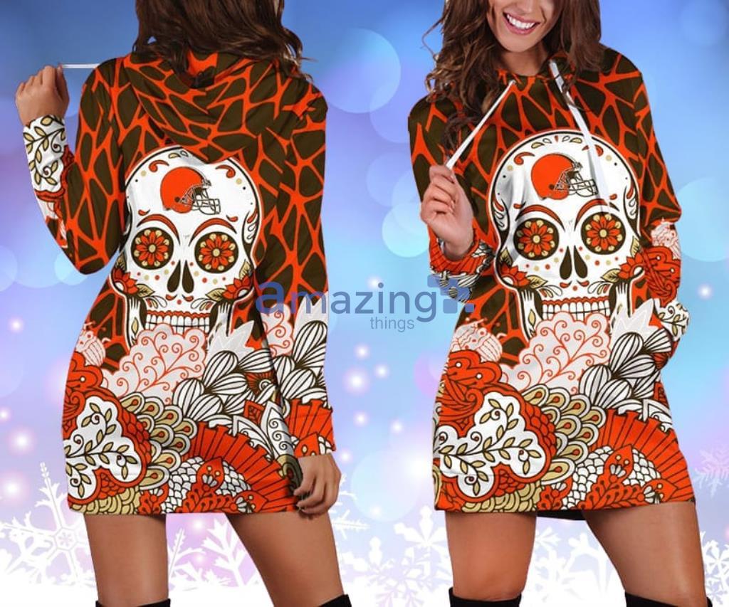NFL Cleveland Browns Skull Flower Orange Hoodie Dress 3D - NFL Cleveland Browns Skull Flower Orange Hoodie Dress 3D