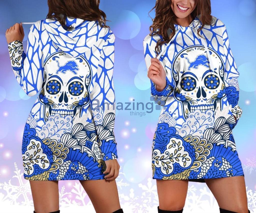 NFL Detroit Lions Skull Flower Blue Hoodie Dress 3D - NFL Detroit Lions Skull Flower Blue Hoodie Dress 3D