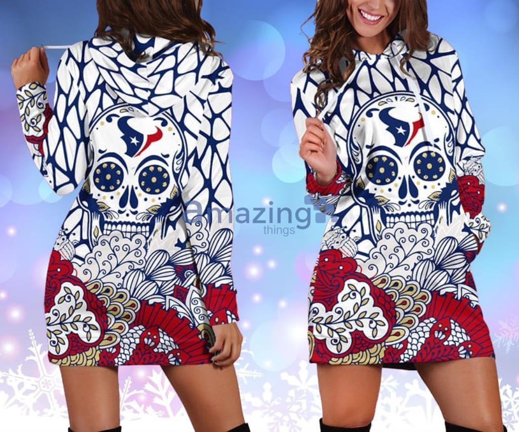NFL Houston Texans Skull Flower Blue Hoodie Dress 3D - NFL Houston Texans Skull Flower Blue Hoodie Dress 3D