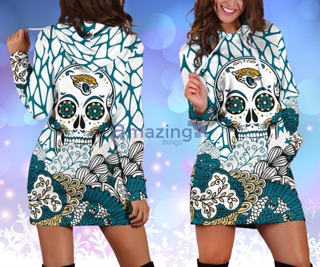 NFL Jacksonville Jaguars Skull Flower Green Hoodie Dress 3D - NFL Jacksonville Jaguars Skull Flower Green Hoodie Dress 3D