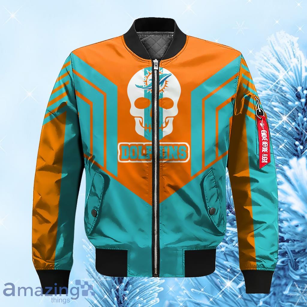 NFL Miami Dolphins Skull Blue Orange Bomber Jacket 3D - NFL Miami Dolphins Skull Blue Orange Bomber Jacket 3D