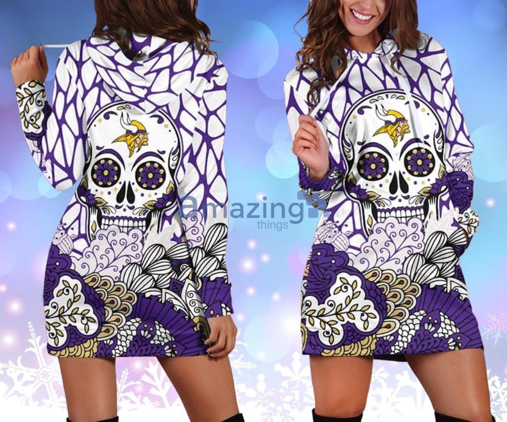 NFL Minnesota Vikings Skull Flower Violet Hoodie Dress 3D - NFL Minnesota Vikings Skull Flower Violet Hoodie Dress 3D