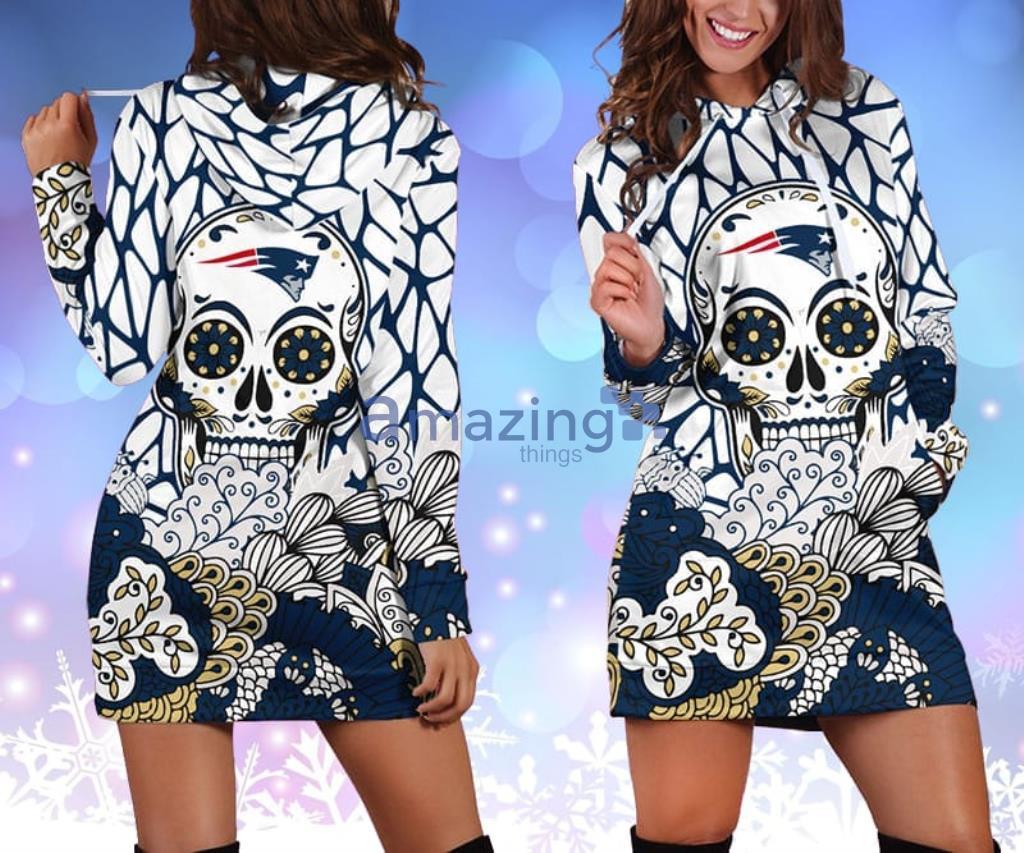 NFL New England Patriots Skull Flower Blue Hoodie Dress 3D - NFL New England Patriots Skull Flower Blue Hoodie Dress 3D