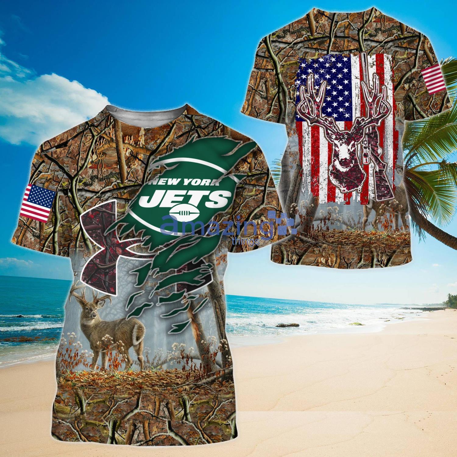 NFL New York Jets All Over Print 3D T Shirt USA Flag Camo Realtree Hunting  Unisex