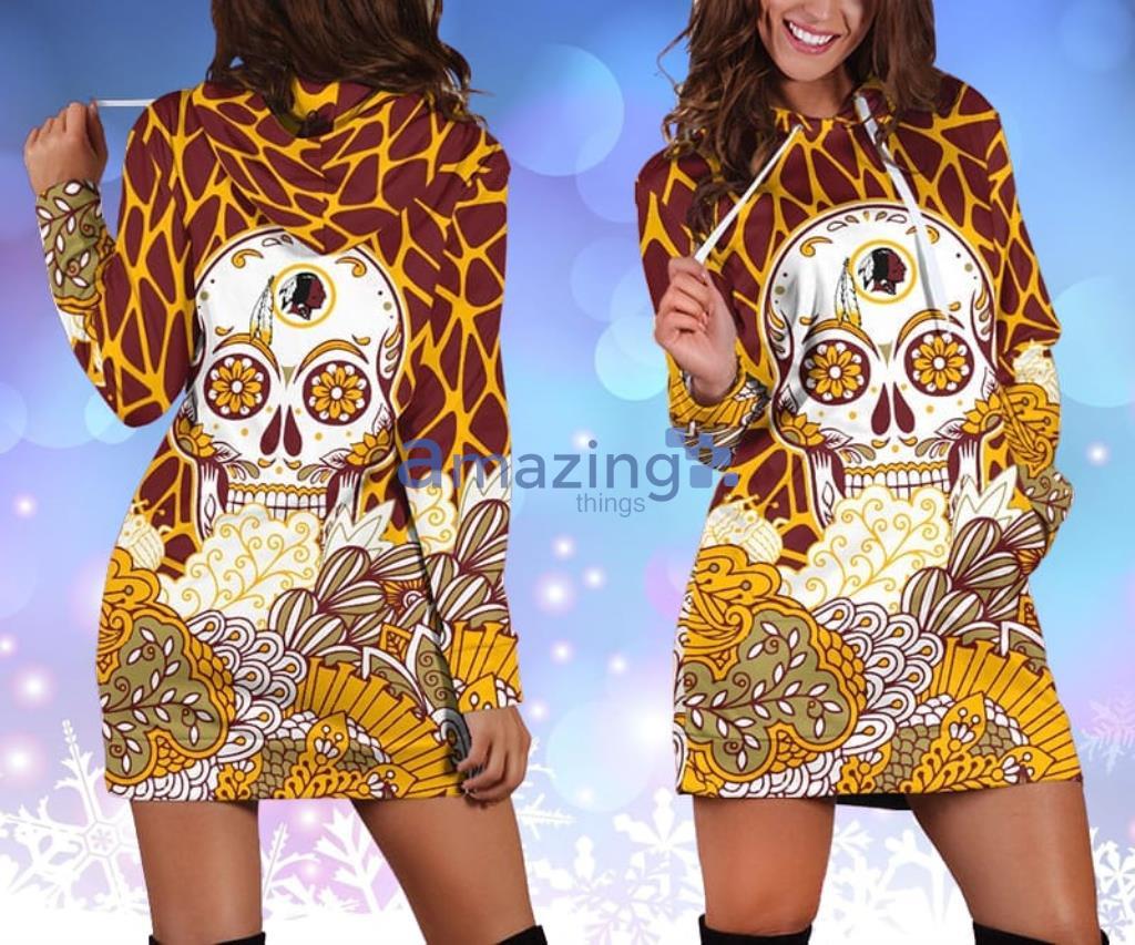 NFL Washington Redskins Skull Flower Yellow Hoodie Dress 3D - NFL Washington Redskins Skull Flower Yellow Hoodie Dress 3D