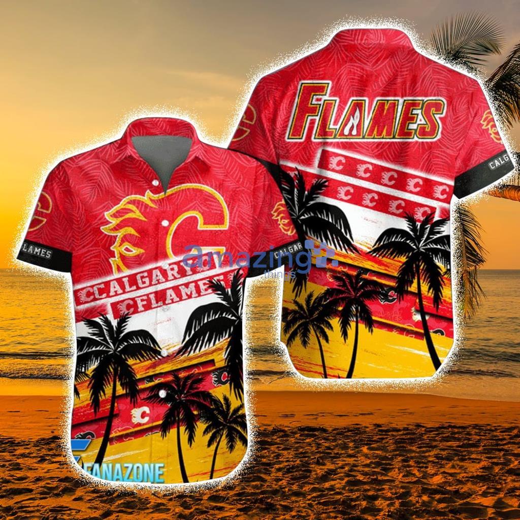 NHL Calgary Flames Coconut Tree Beach Aloha Hawaiian Shirt - NHL Calgary Flames Coconut Tree Beach Aloha Hawaiian Shirt