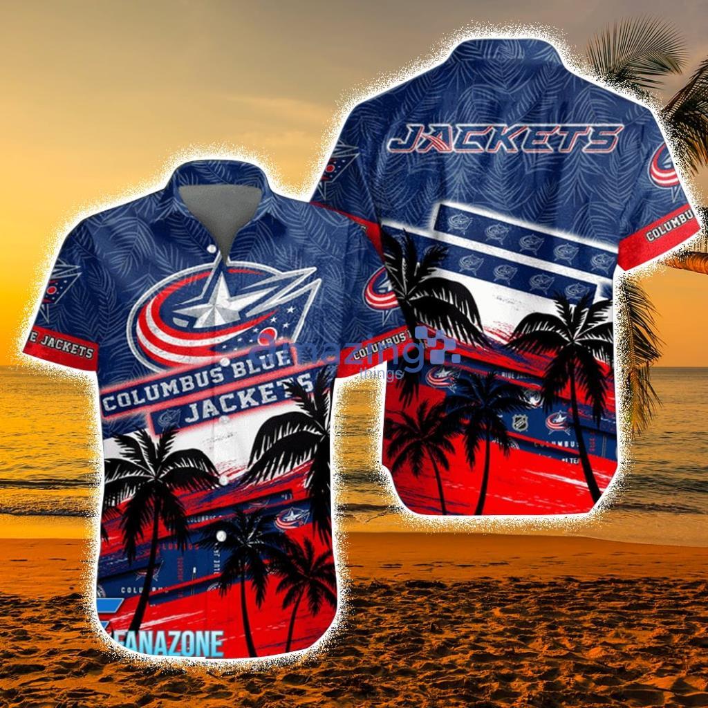 NHL Columbus Blue Jackets Coconut Tree Beach Aloha Hawaiian Shirt - NHL Columbus Blue Jackets Coconut Tree Beach Aloha Hawaiian Shirt