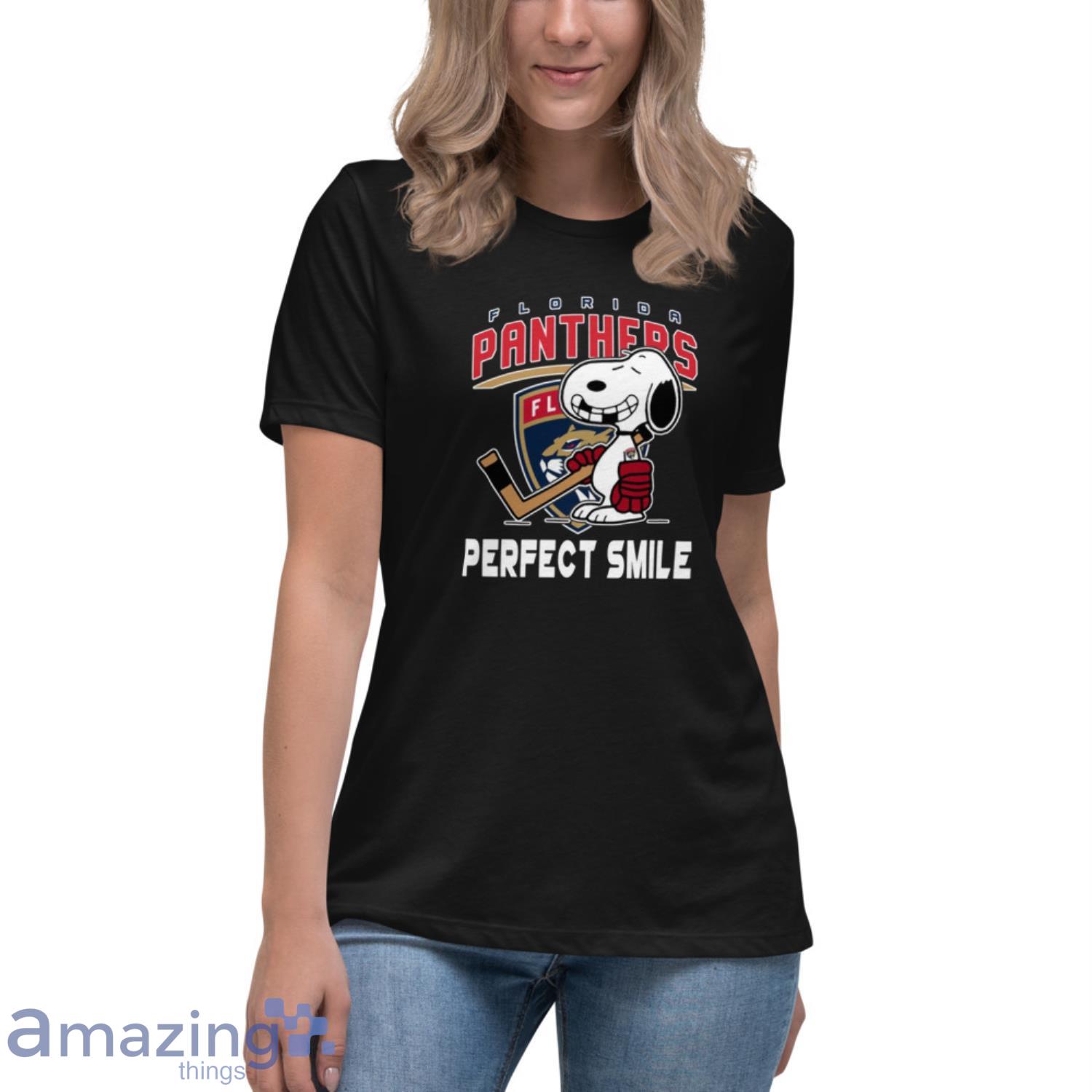 NHL Florida Panthers Snoopy Perfect Smile The Peanuts Movie Hockey T Shirt image NHL Florida Panthers Snoopy Perfect Smile The Peanuts Movie Hockey T Shirt - Womens Relaxed Short Sleeve Jersey Tee