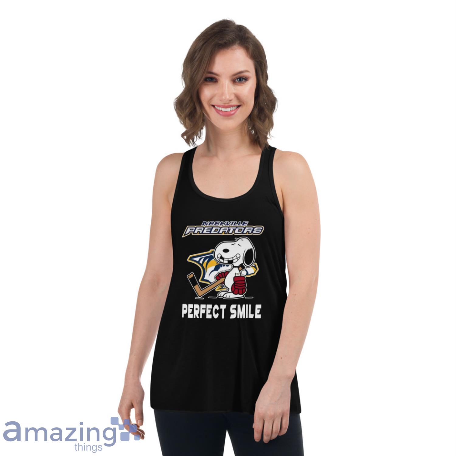 NHL Nashville Predators Snoopy Perfect Smile The Peanuts Movie Hockey T Shirt image NHL Nashville Predators Snoopy Perfect Smile The Peanuts Movie Hockey T Shirt - Womens Flowy Racerback Tank
