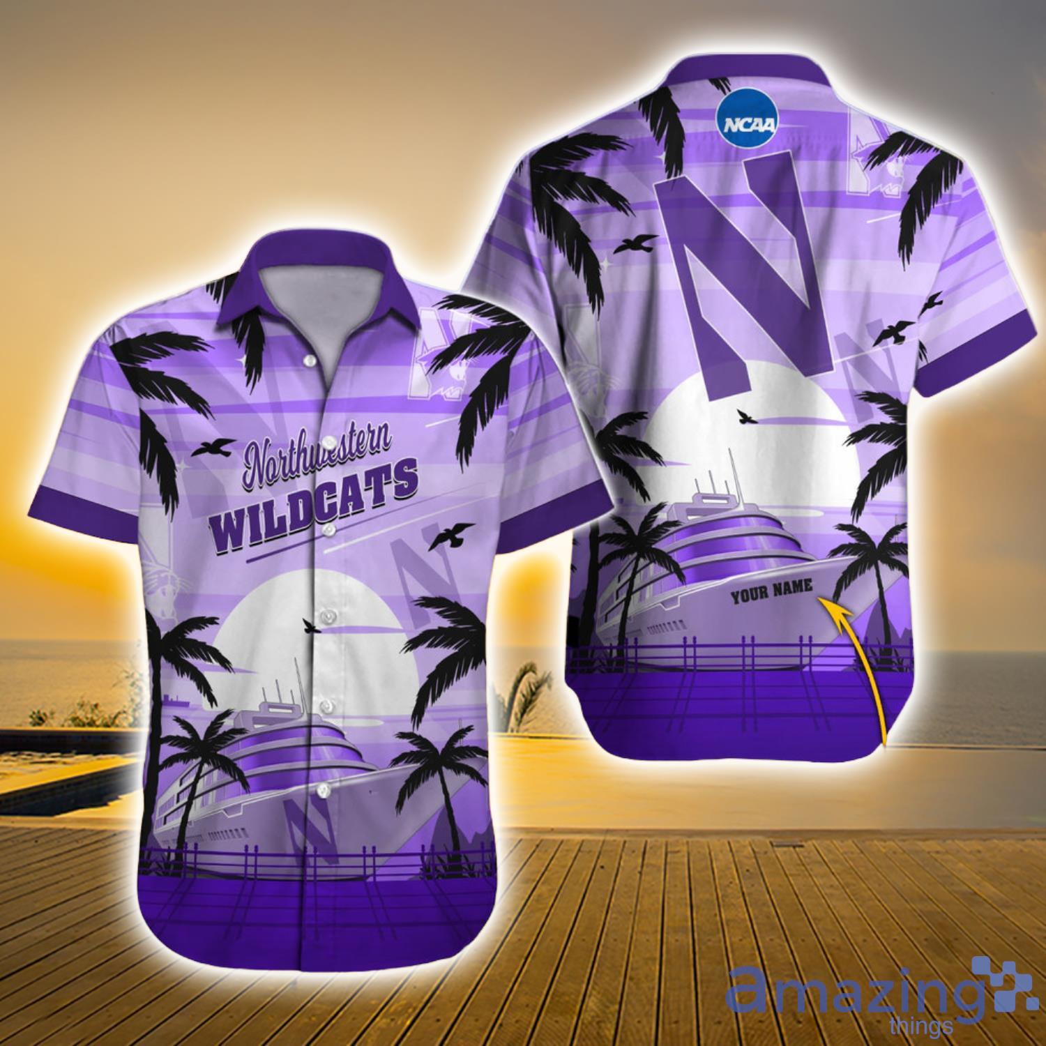 Northwestern Wildcats Ncaa Custom Name Big Ship And Ocean Aloha Short Sleeve Hawaiian Shirt Product Photo 1