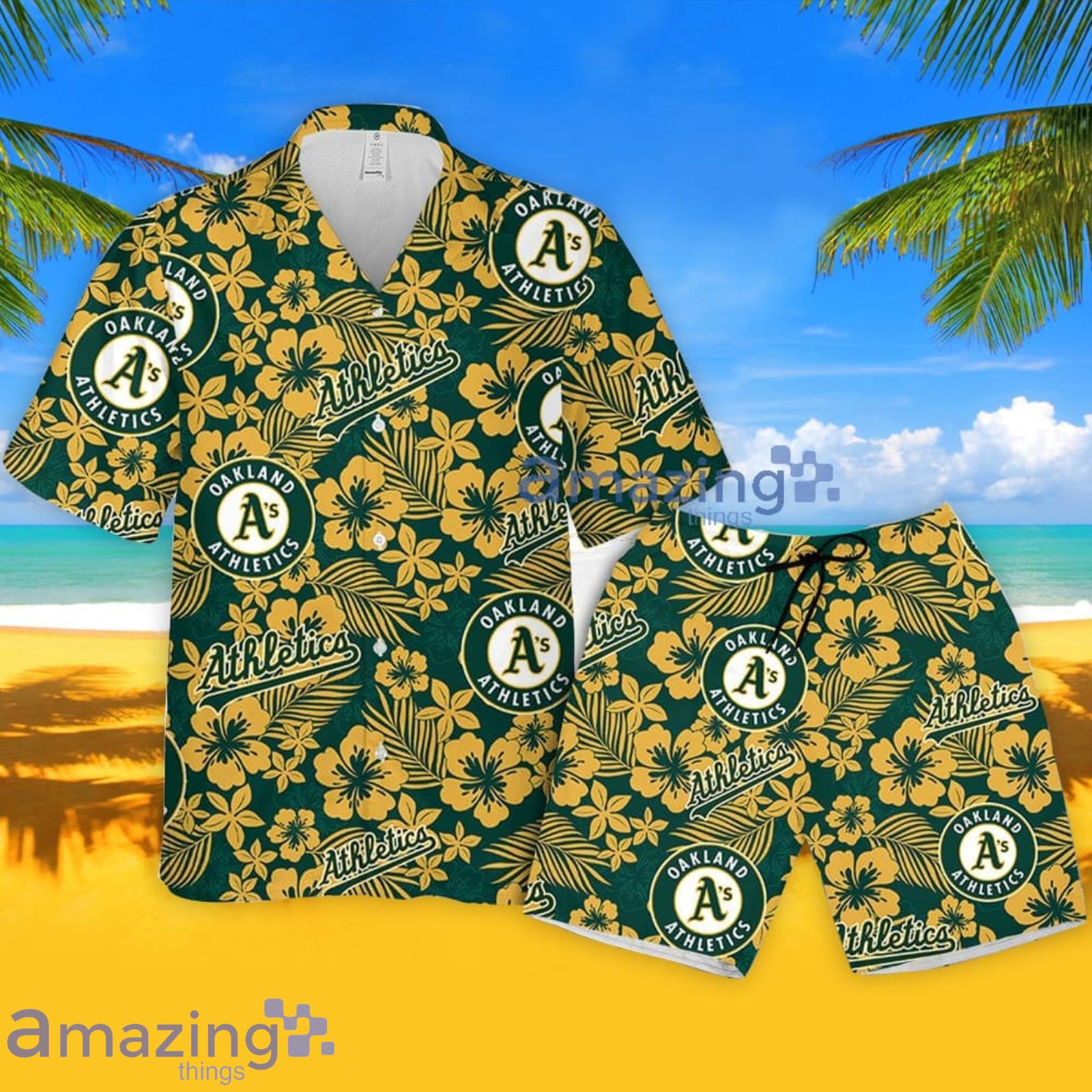 Oakland A's Hibiscus Seamless Pattern Hawaiian Shirt And Shorts Summer Gift  For Athletics Fans