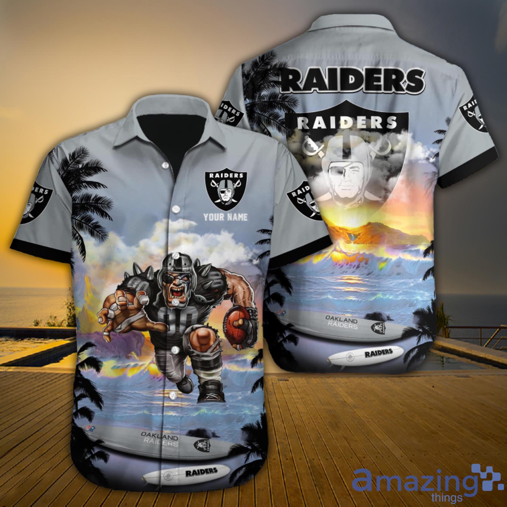 Oakland Raiders NFL Custom Name Mascot Beach Sunset Beautiful Sky Aloha Hawaiian Shirt Gift For Fans Product Photo 1